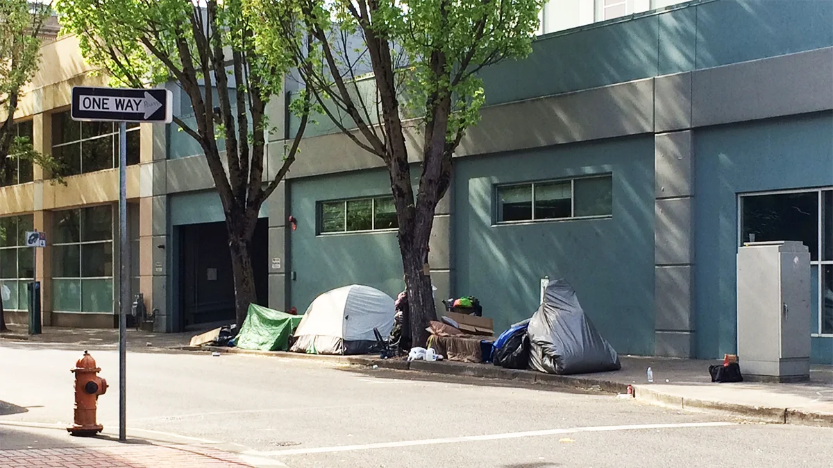 Typical homeless encampment in downtown Portland, OR