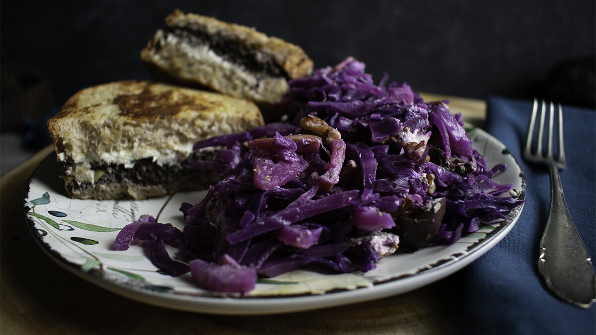 Red Cabbage with Almond Goat Cheese and Pecans