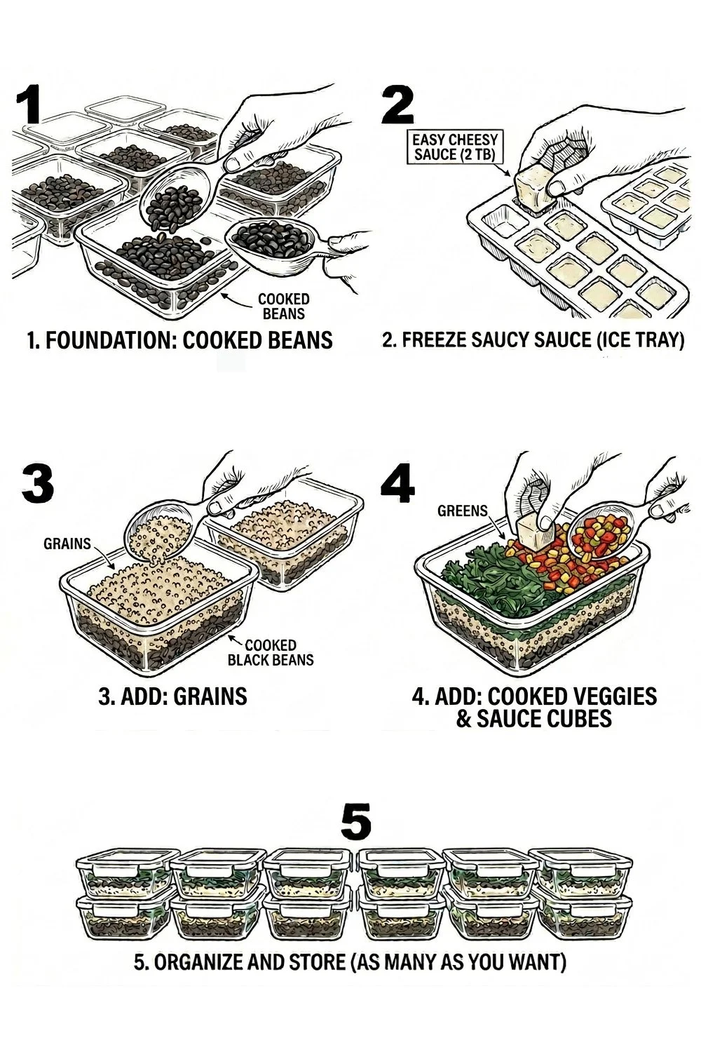 Diagram showing how to layer beans, grains, and greens for a high-protein frozen plant-based burrito bowl