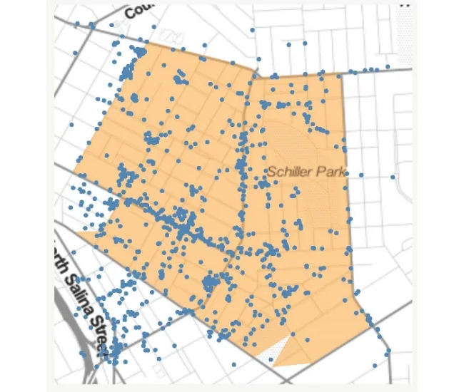 Locations from Google about where inspectors were in the pilot territory. This does not show every single location, but gives a general sense about where they spent their time.