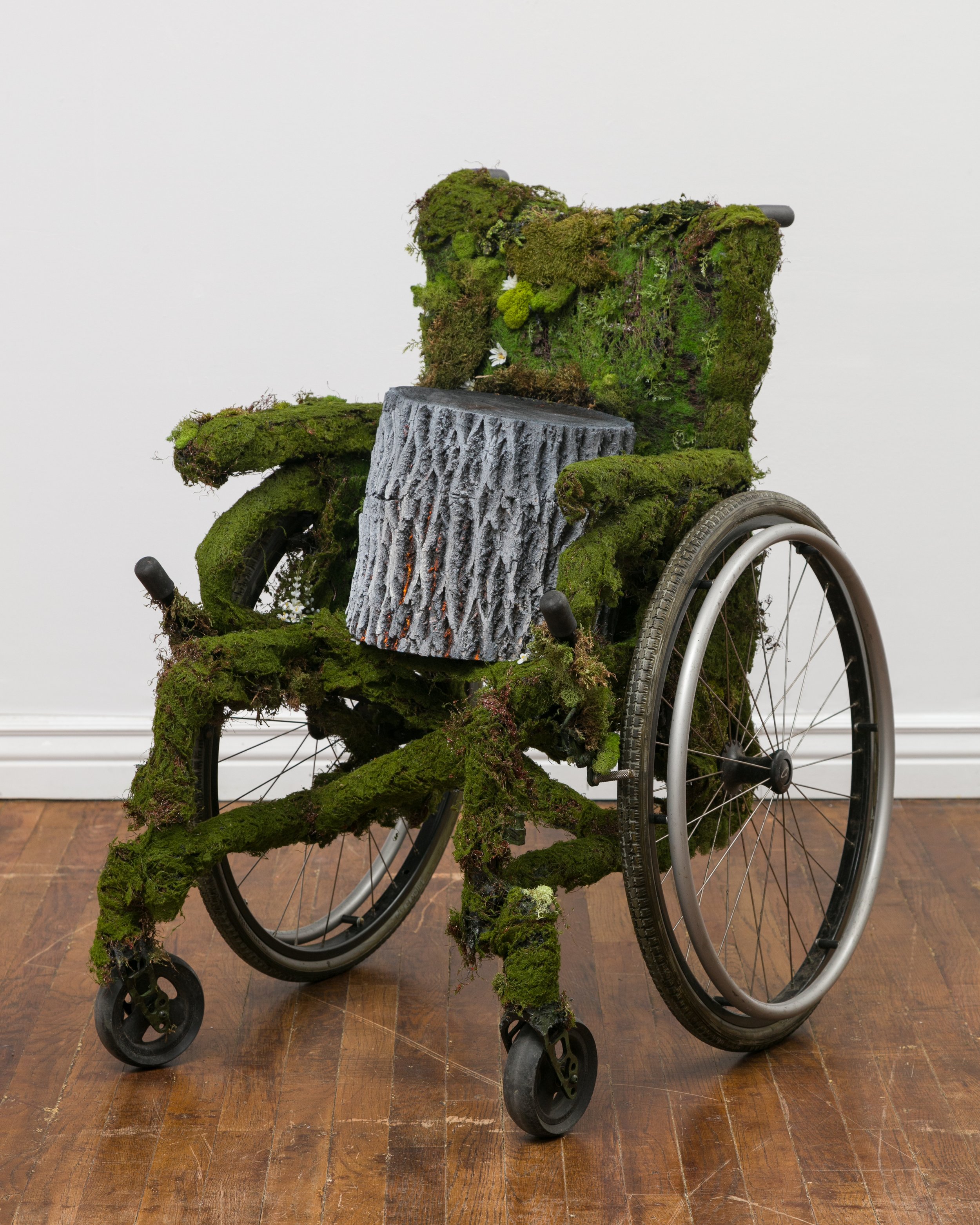 "Hospital", wheelchair, artificial moss, tree stump, paint, 36"x24"x28"