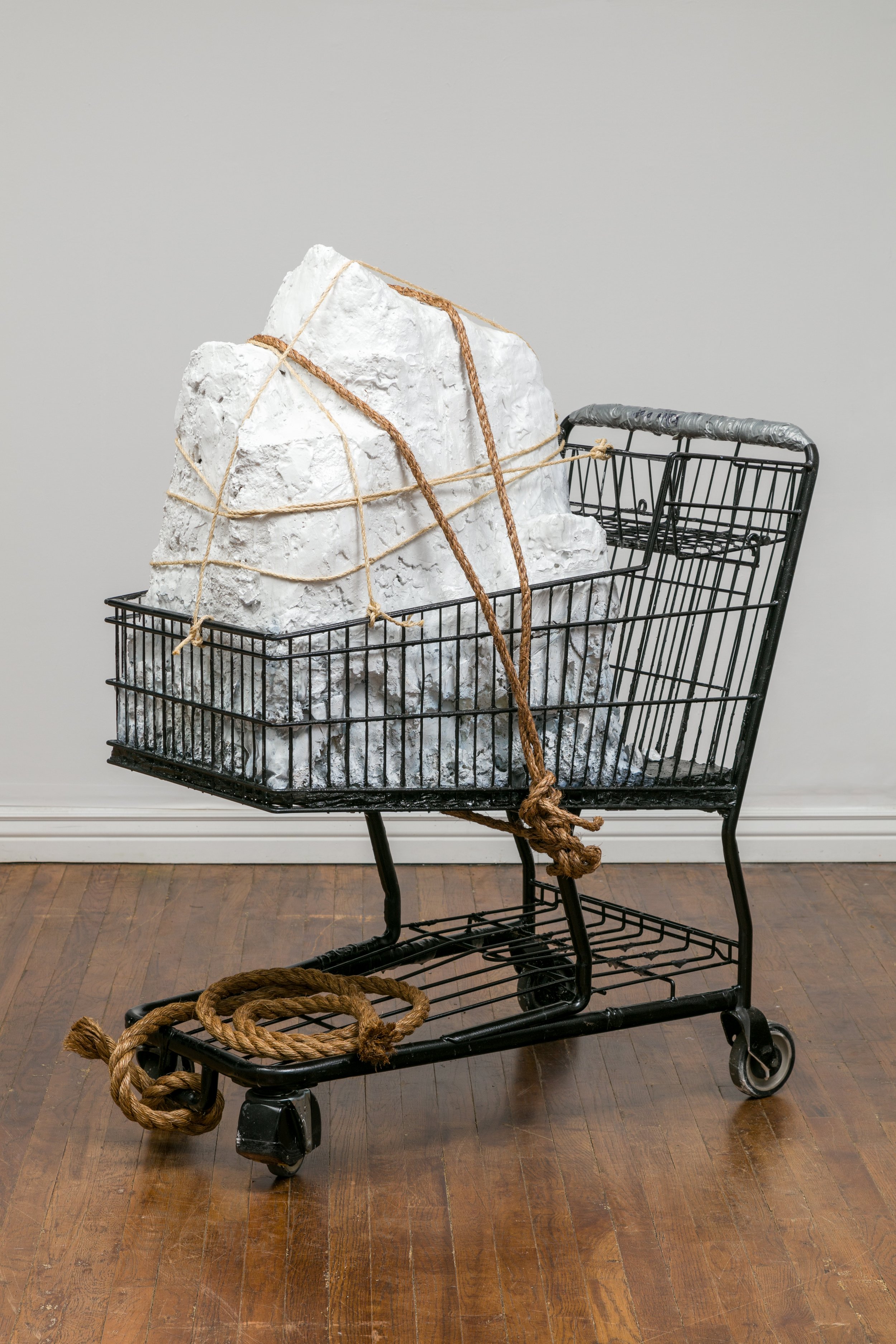 The Adrift," 54"x25"x40", metal shopping cart, plaster, paint, rope, crystals