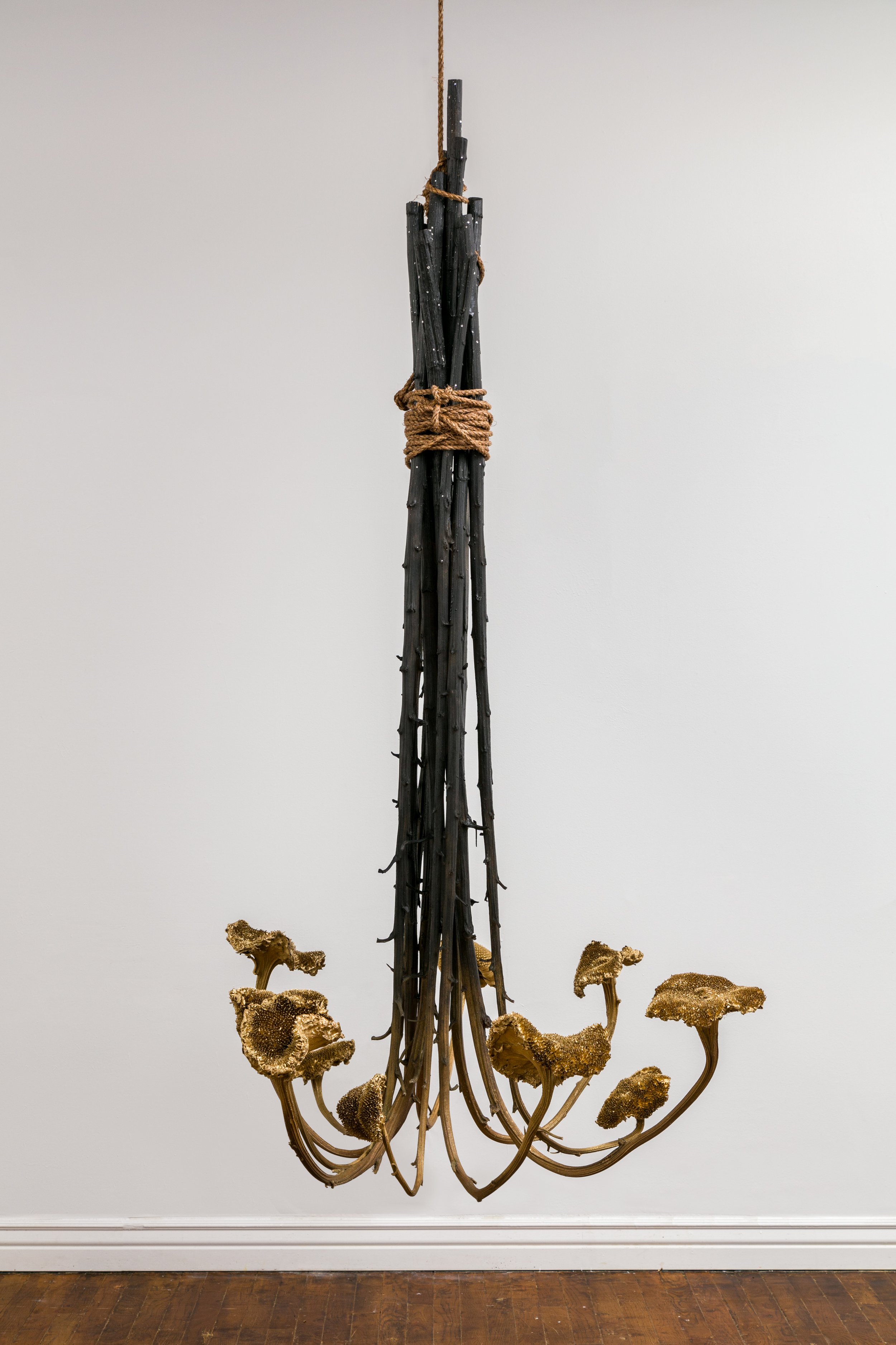 "Nightfall With Chandelier," 108"x54"x54", dried sunflowers, rope, paint, crystals_