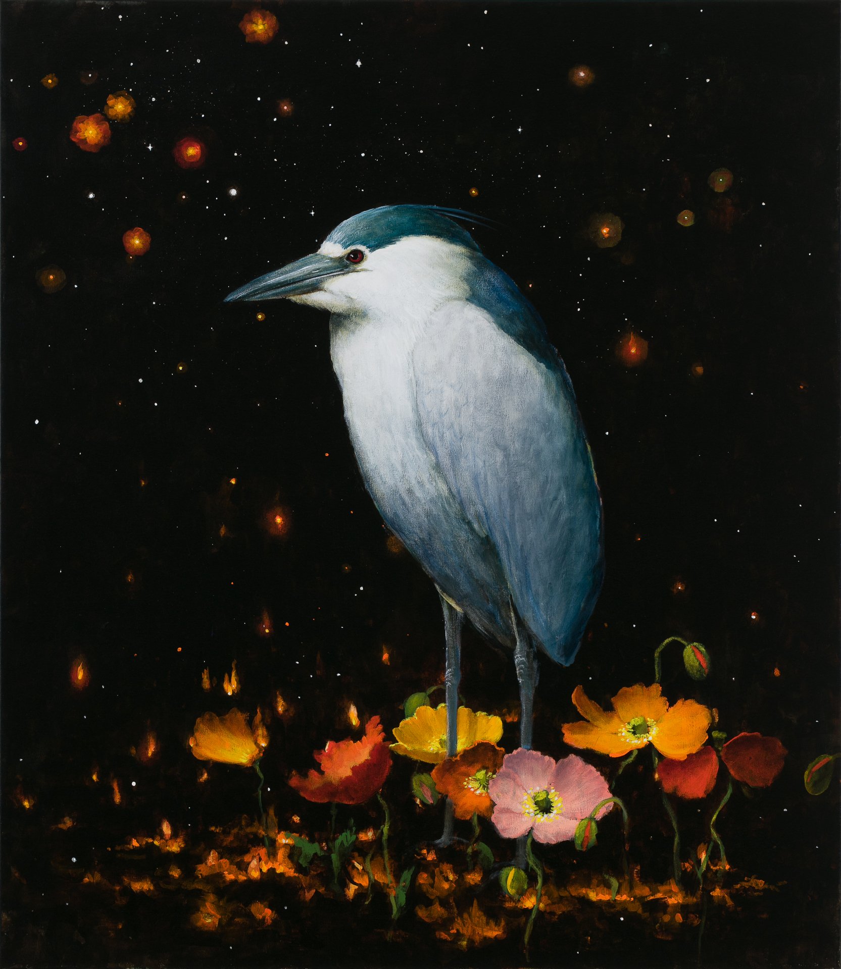Night Heron With Universe and Poppies, 48"x42", acrylic on canvas