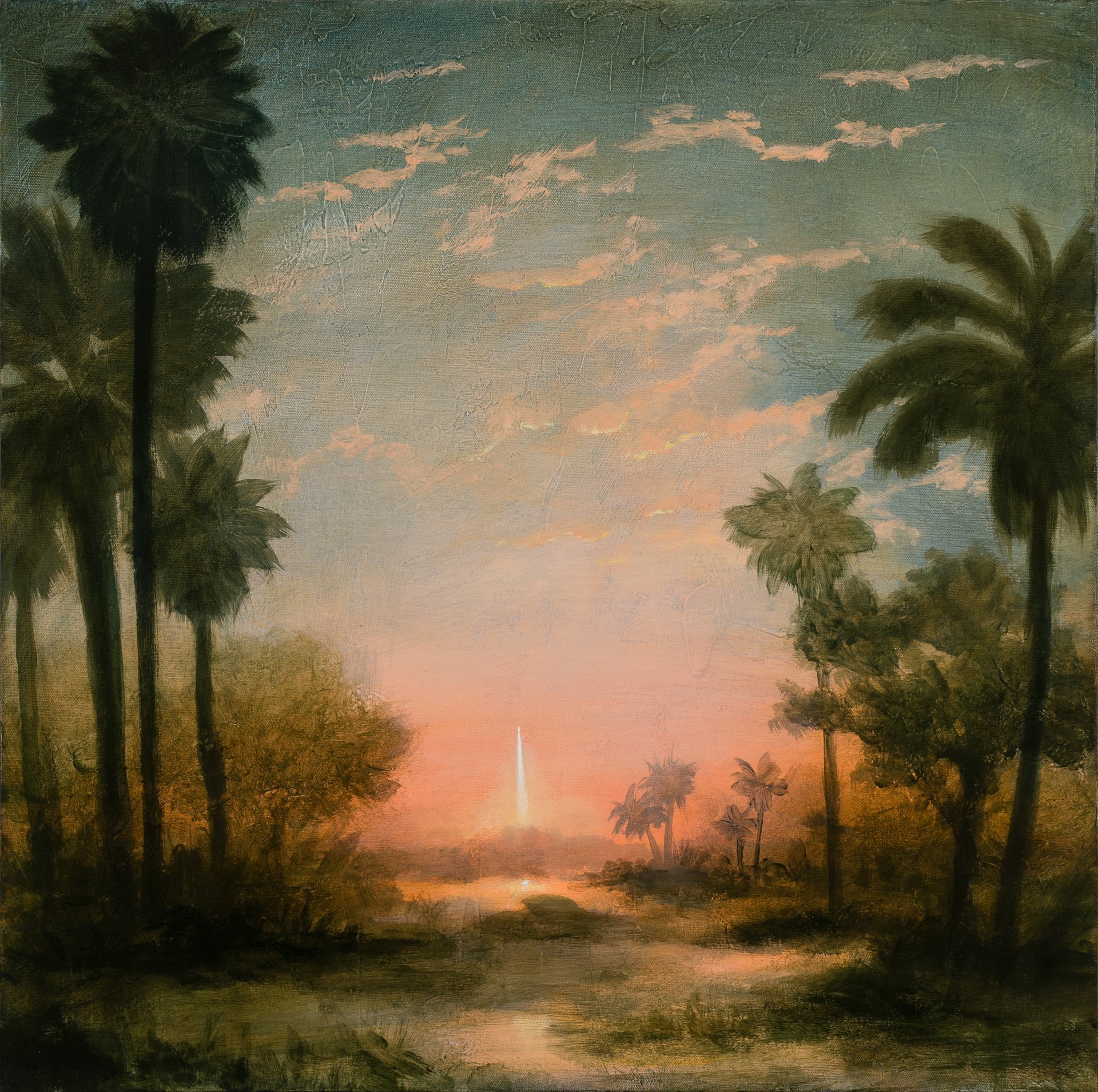 Rocket Launch With Palm Trees, 24"x24", acrylic on canvas