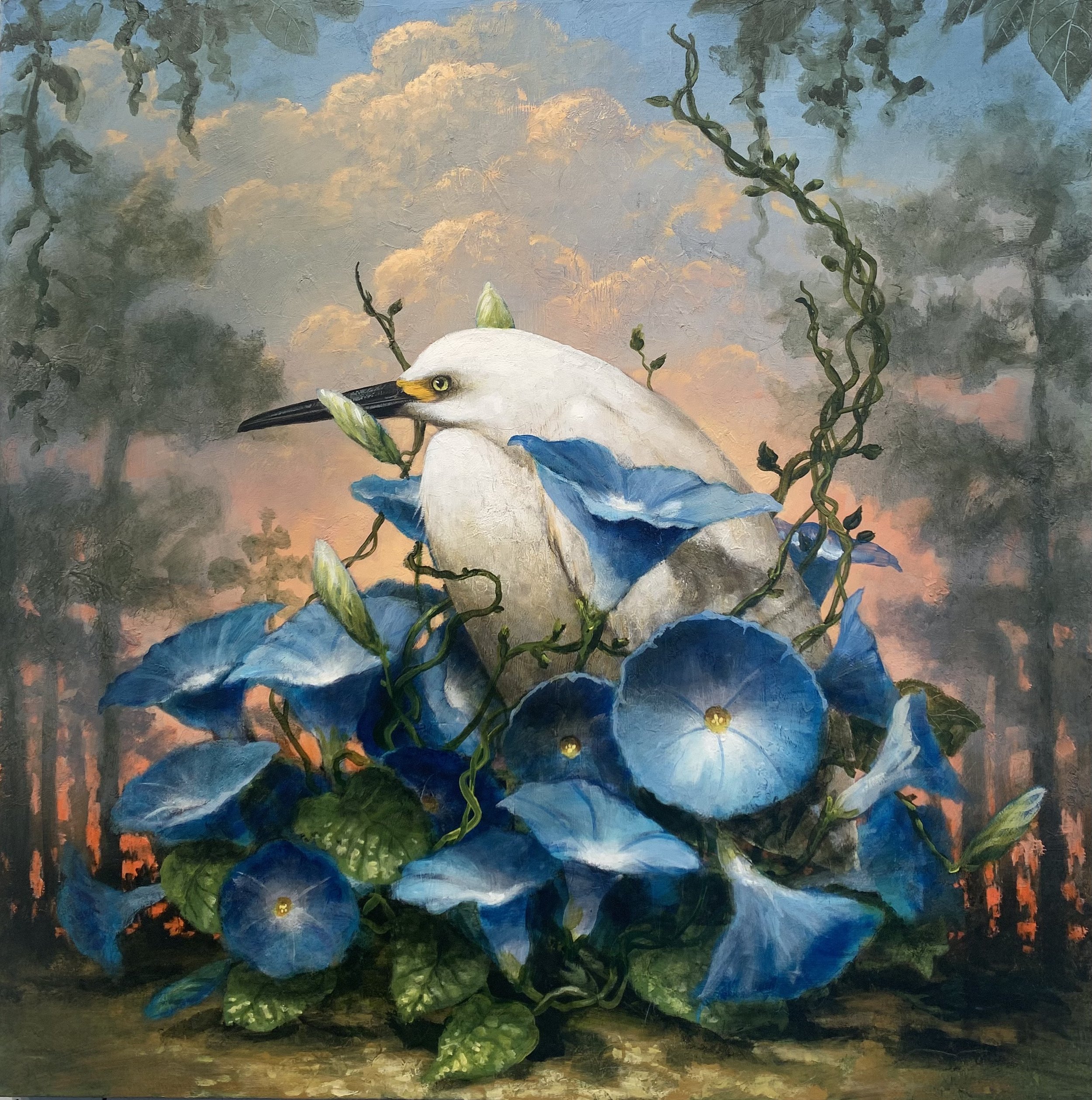 Snowy Egret in Hiding, 36"x36", acrylic on canvas