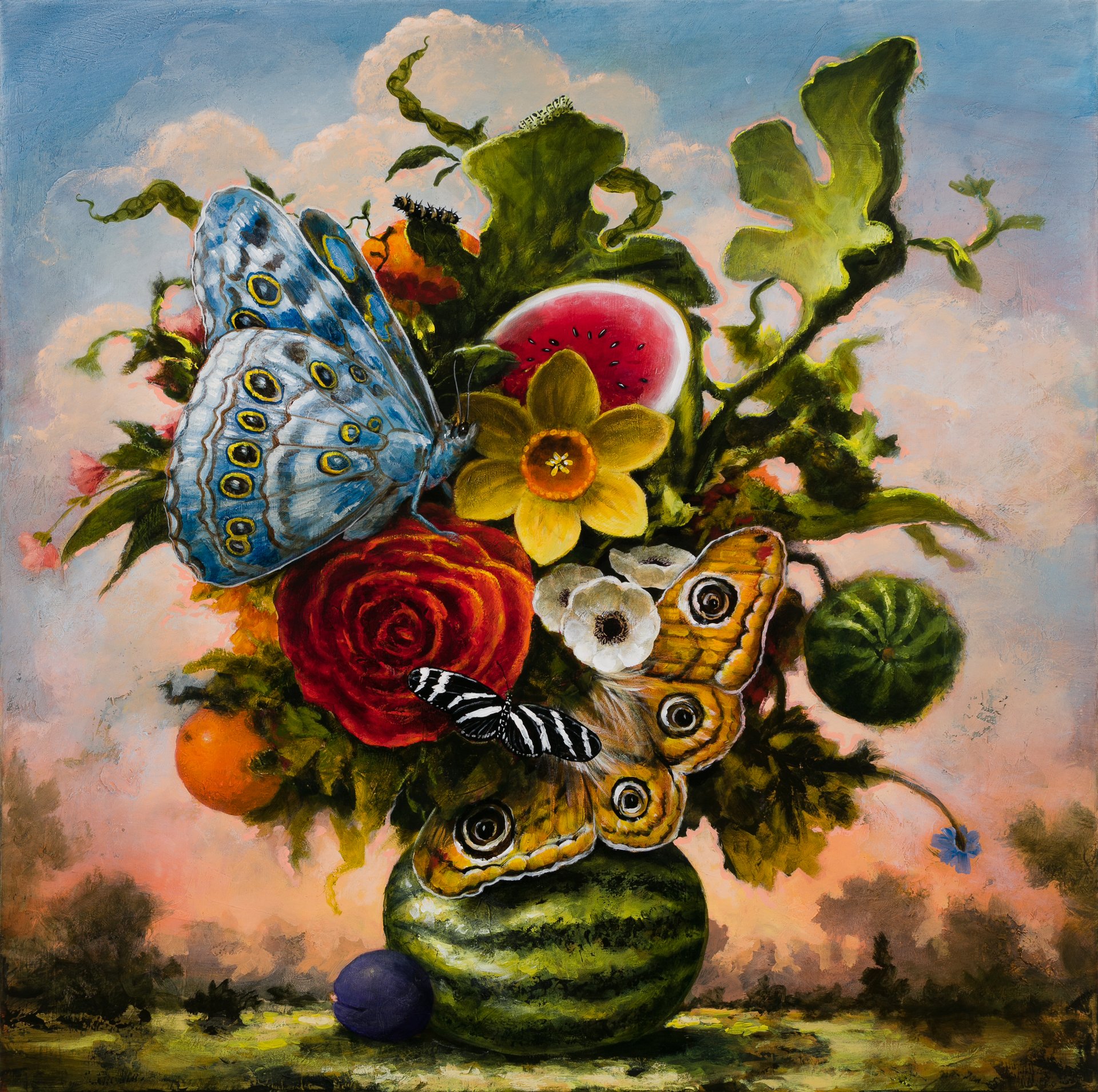 Arcadian Congregation With Moths and Watermelons, 36"x36"