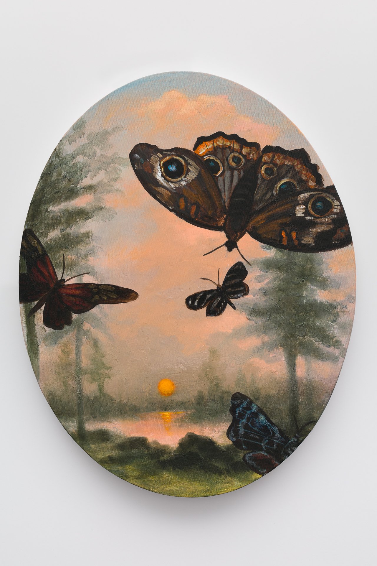 Smokey Sunset With Four Moths, 20"x16" (oval)