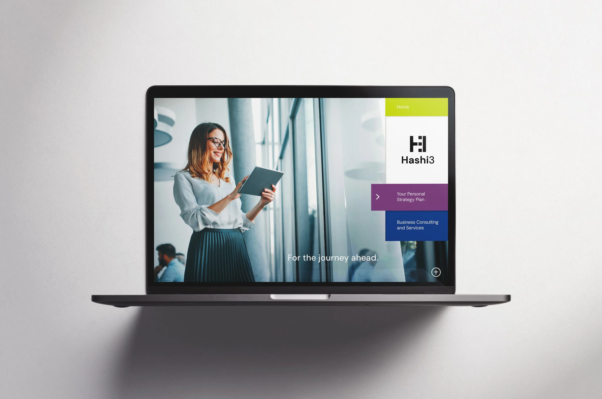 Laptop screen displaying a woman with glasses reading a tablet, overlaid with the Hashi3 logo and menu options for personal strategy plan and consulting services.