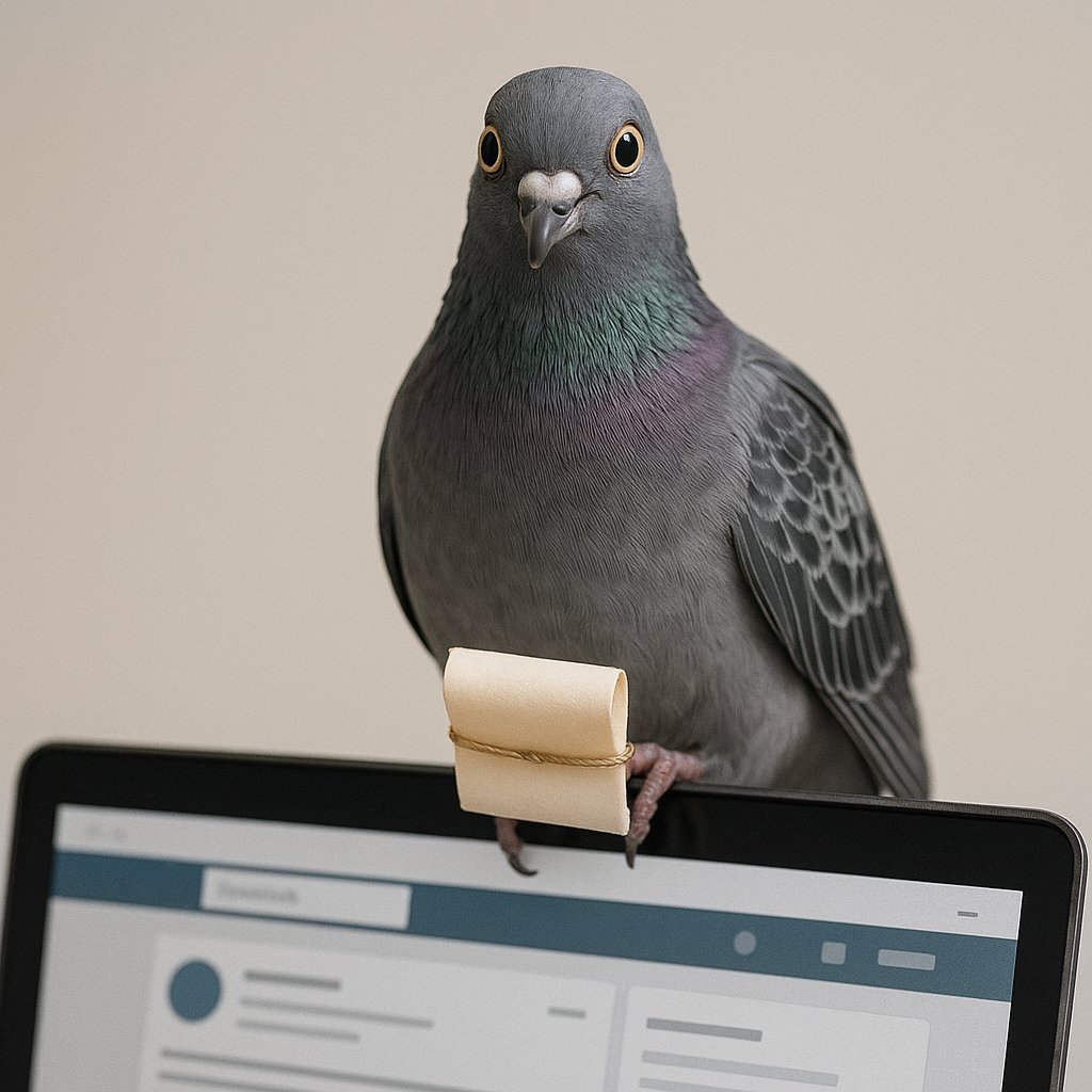 Image of a carrier pigeon, funny, a satirical view of posts and their validity in 2025 to attract discussion and interest on linkedin and other social media channels