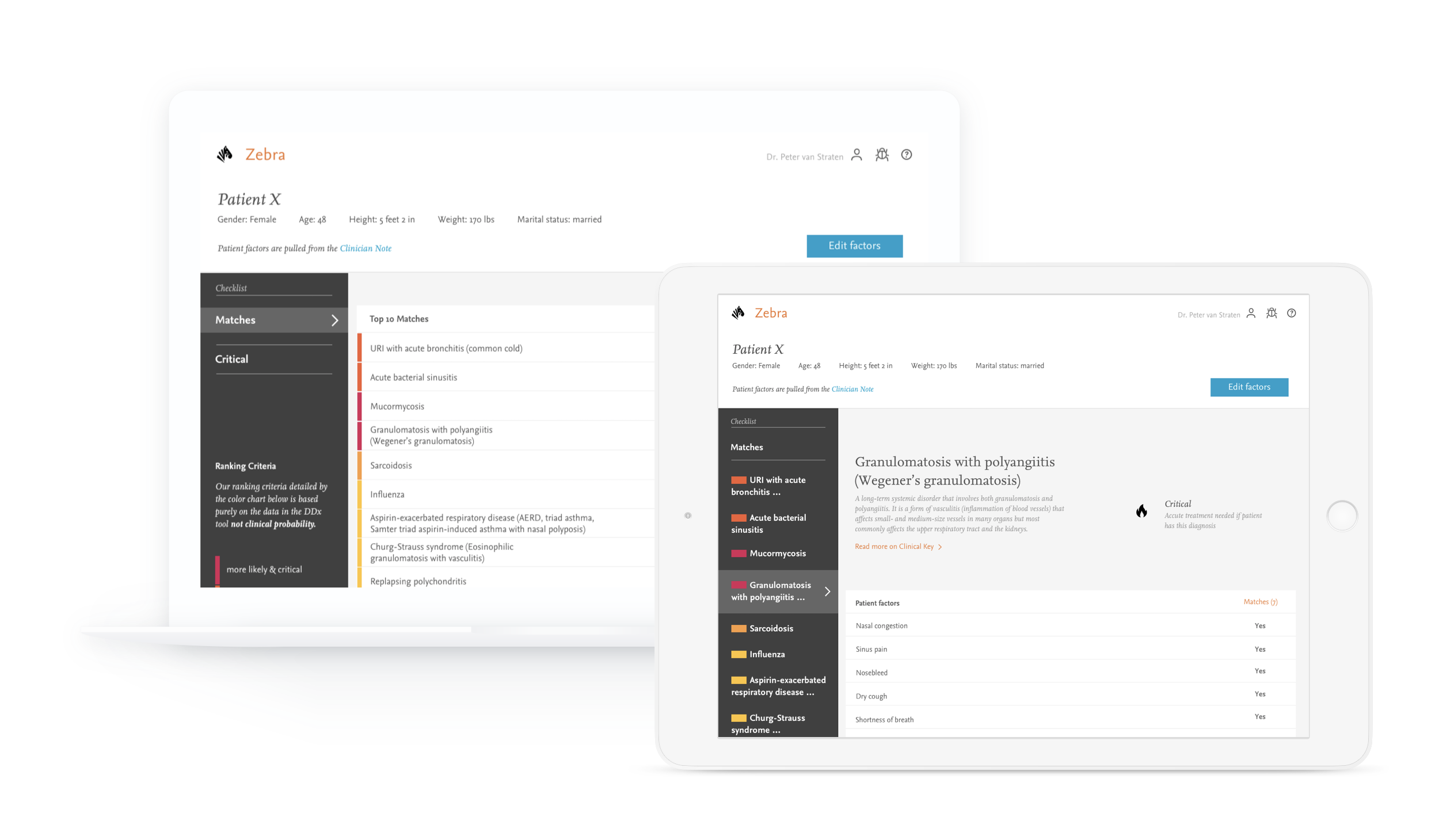 Each potential diagnosis is color coded depending on likelihood given the patient factors and based on how critical, or acute the diagnosis would be.