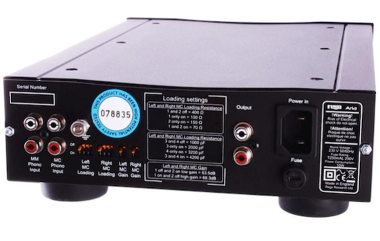 The Aria’s rear panel with mm/mc inputs, output, ground screw, DIP switches, and cartridge loading schematic