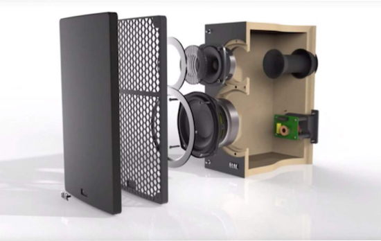 Some inexpensive MDF construction with no bracing, a simple crossover and a reflex port shown in an exploded view.