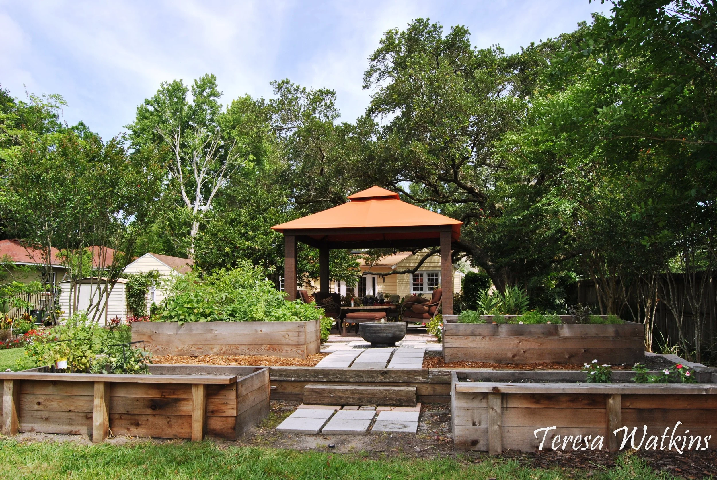 Edible Landscaping behind gazebo and water feature..JPG