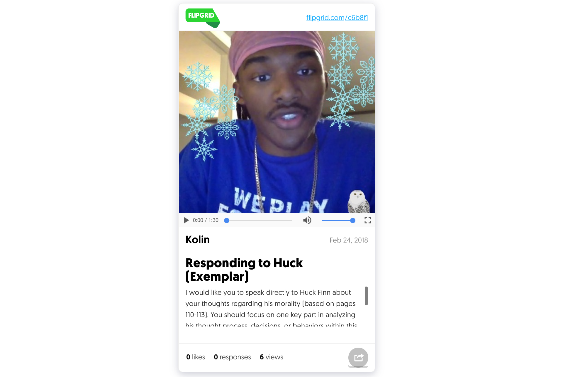 Check out Kolin's video message to Huck Finn here .