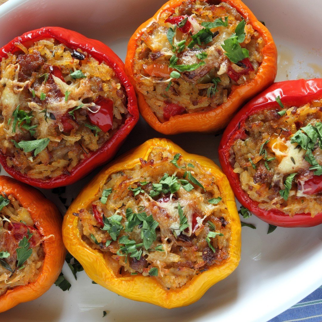 Sunday Roast Special! Sausage Stuffed Peppers this week.

Sweet bell peppers stuffed with out pulled pork sausage, sharp cheddar and bread crumbs. An easy cook in the oven, just 45 minutes and dinner is ready to go!

In the case through the week.