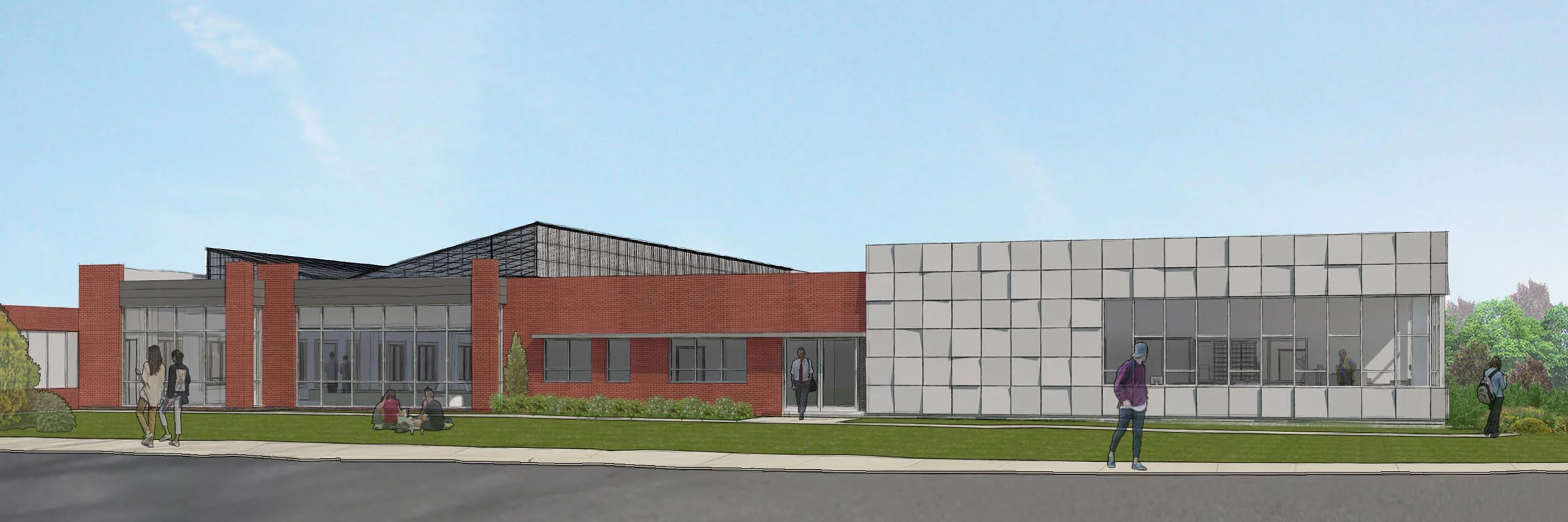 New addition with architectural accentuating of "Fab Lab"