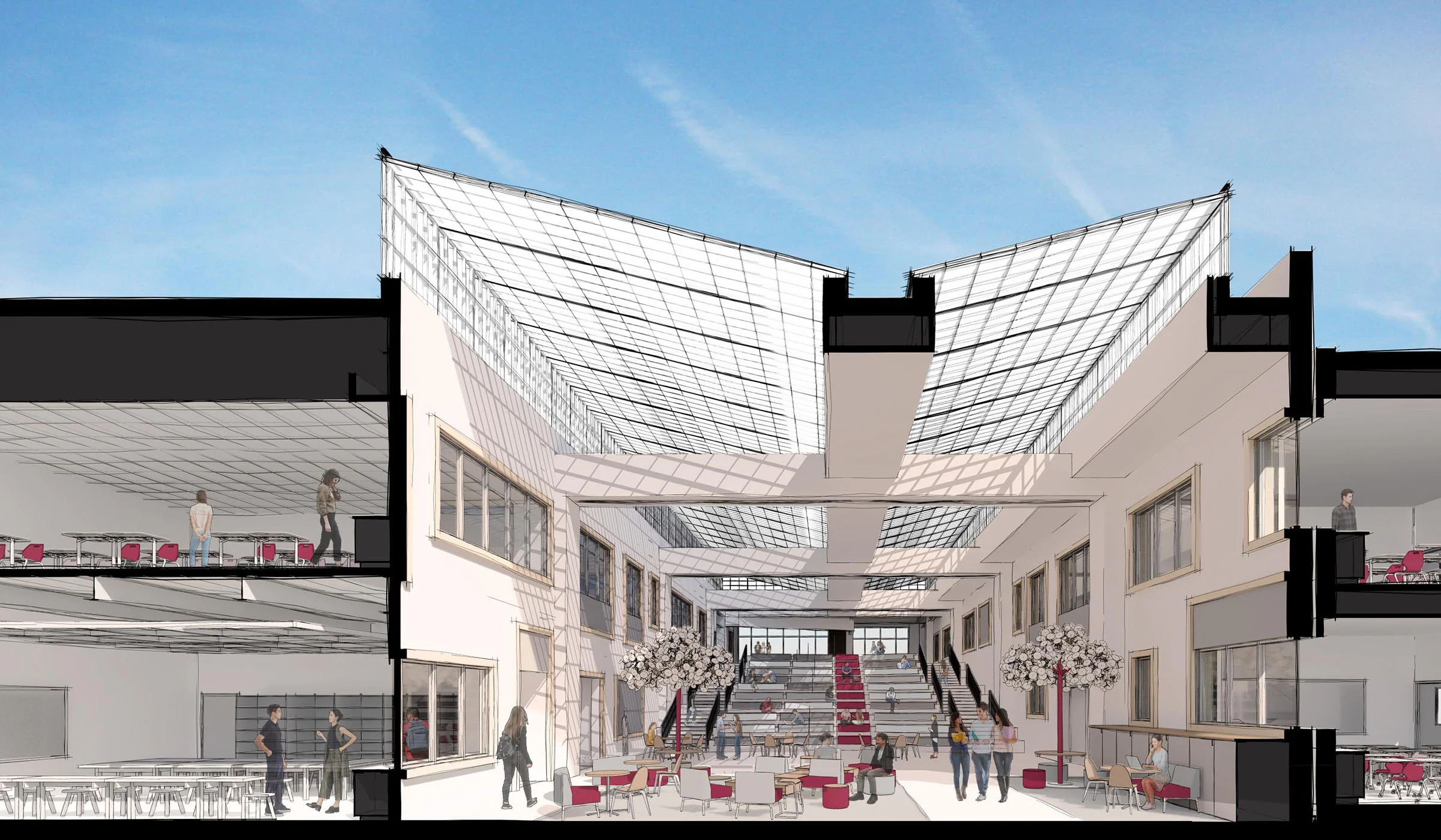 Translucent atrium roof providing daylight to STEAM classrooms beyond.
