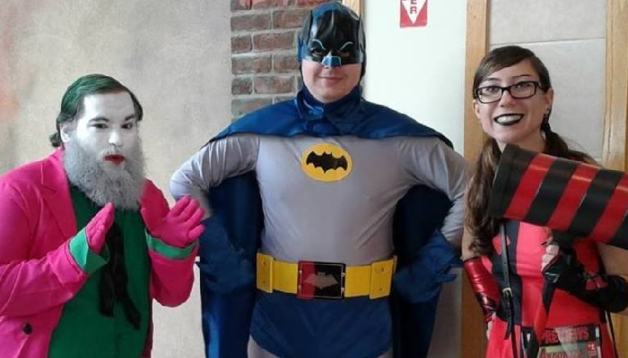 From left to right: Joseph Viecelli as The Joker, Scott Fine as Batman, and Neena Biello as Harley Quinn.