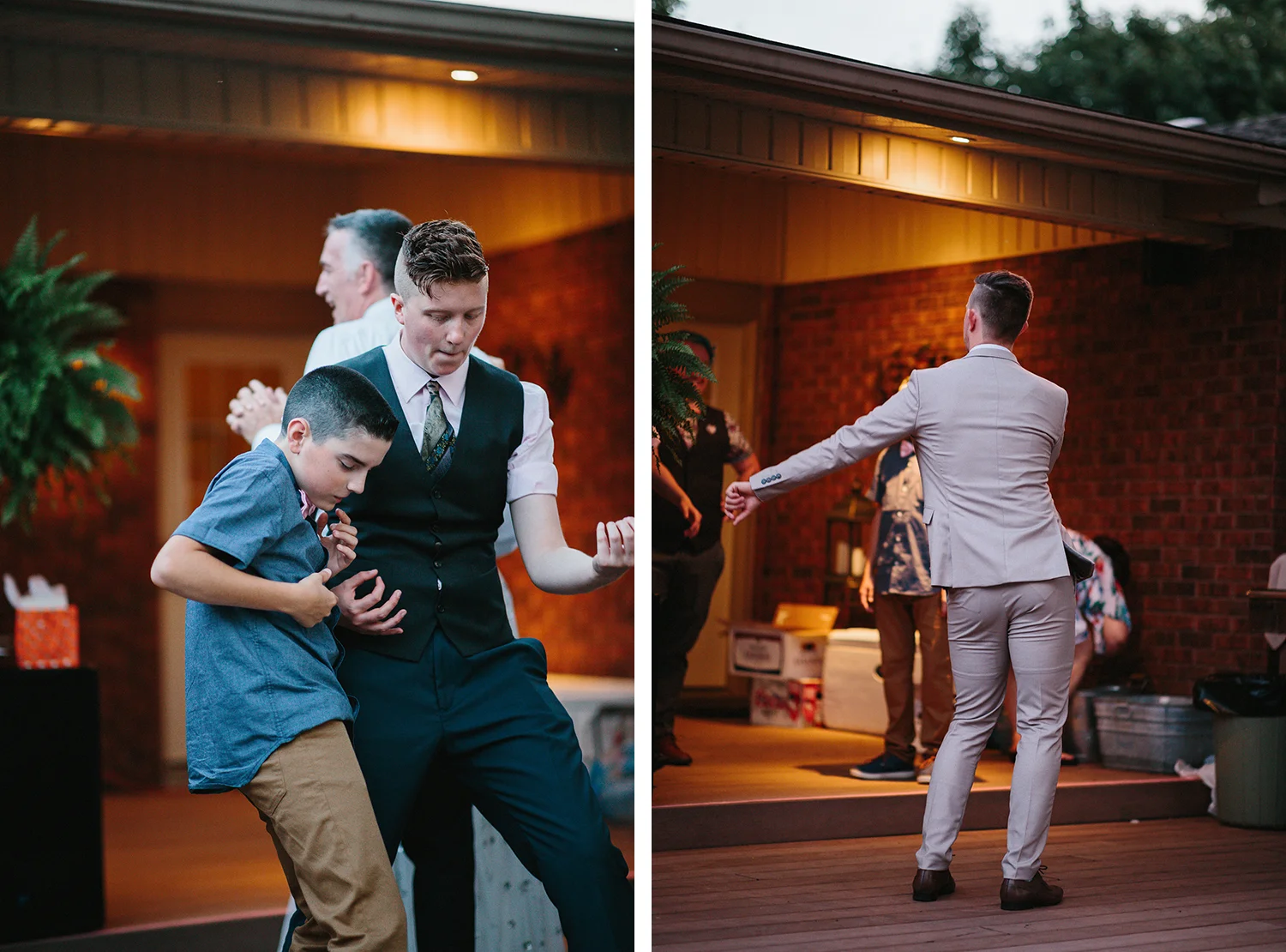 28-Backyard-toronto-film-photographer-ryanne-hollies-photography-diy-string-lights-and-lanterns-reception-documentary-fun-candid-dancing-guests-groom-flossing.jpg