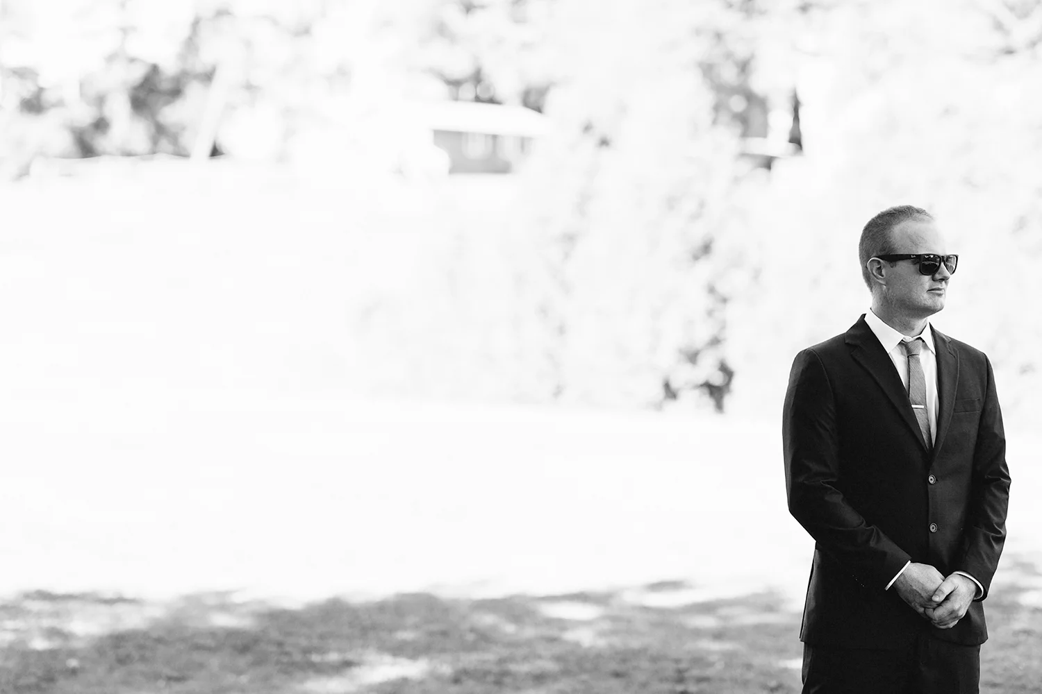 Groom-waiting-for-bride-for-first-look-At-Egaridge-Resort-Venue-Muskoka-Ontario.jpg