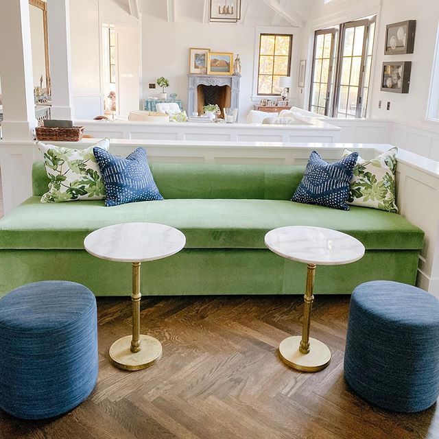 Can&rsquo;t get enough of this lounge moment we installed today. I had to snap a photo and share even though the back cushions and bolsters are still to come. How about those cocktail tables and custom ottomans too! Being a little bold with color cho