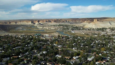 View of town looking NW. Castle Rock is in the upper right and the palisades are in the upper left.