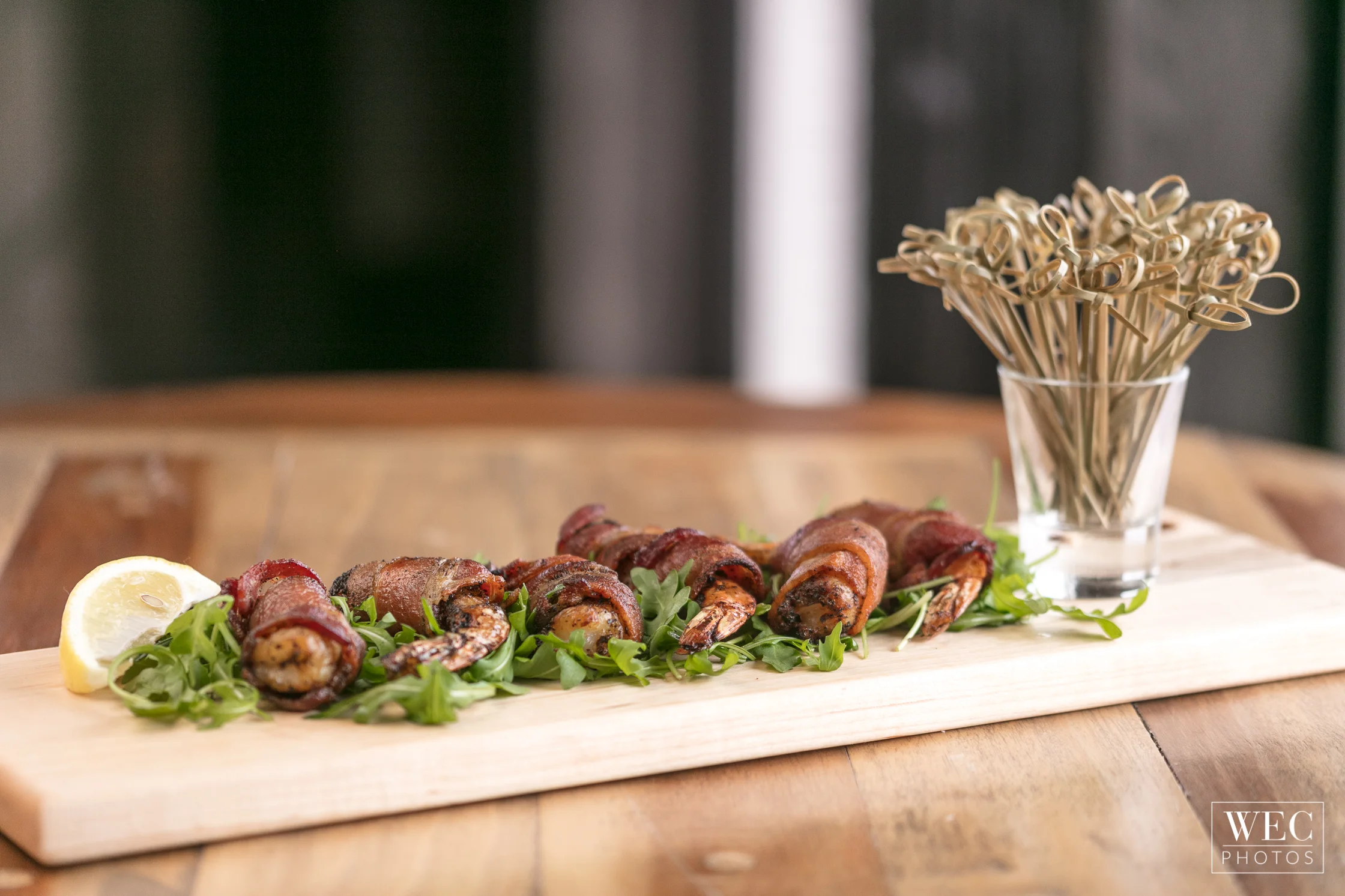 Maple Board with bacon wrapped shrimp