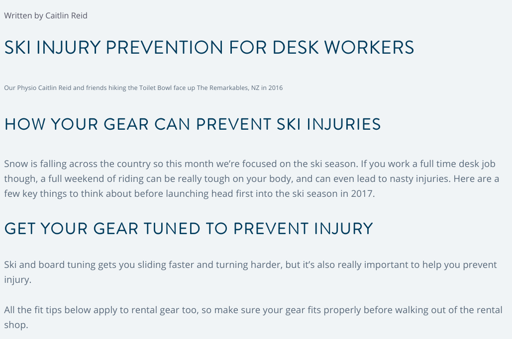 Ski injury management for desk workers