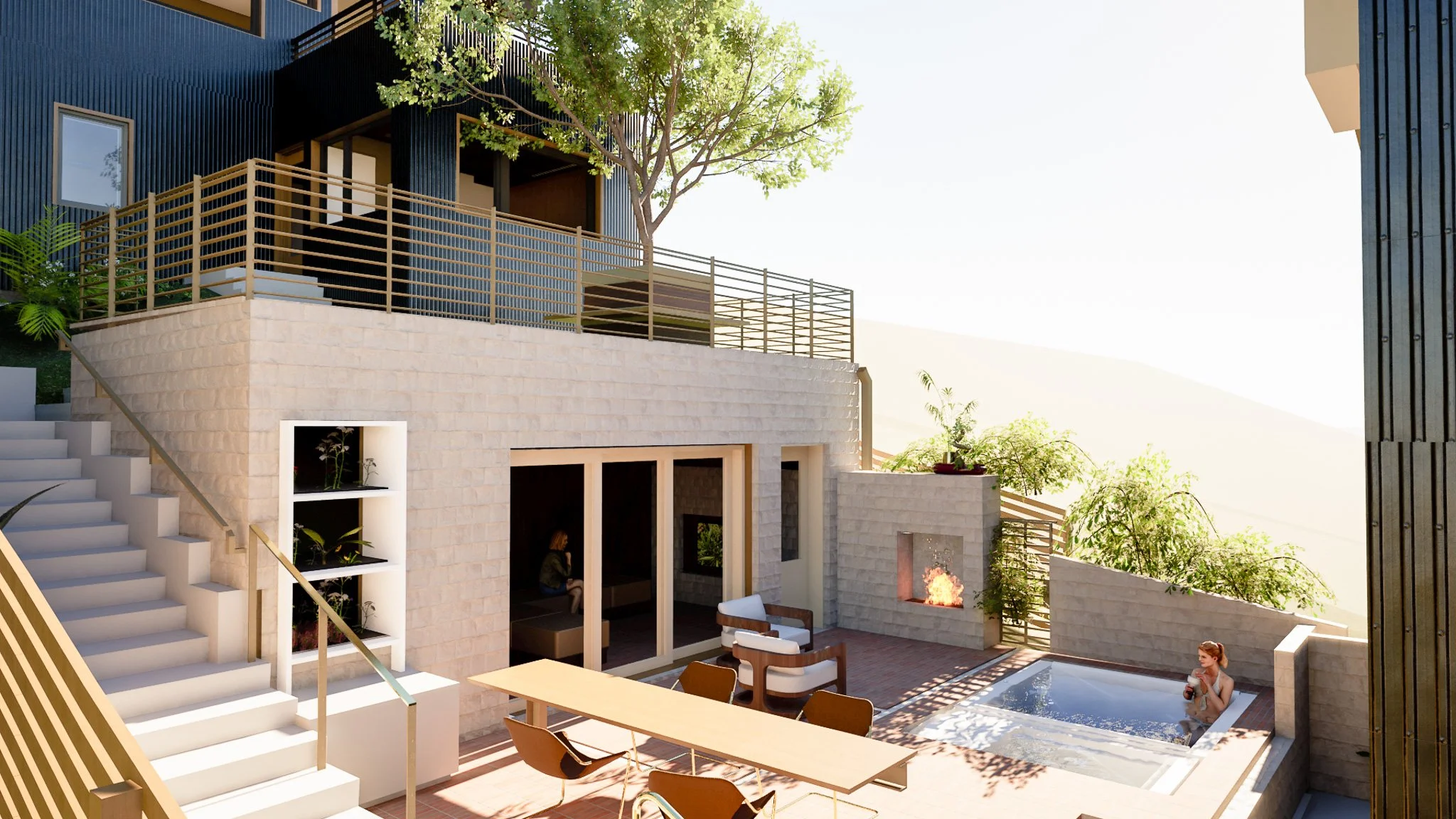 Modern outdoor patio with a small pool, seating area, fireplace, lush greenery, and a woman relaxing in the pool.