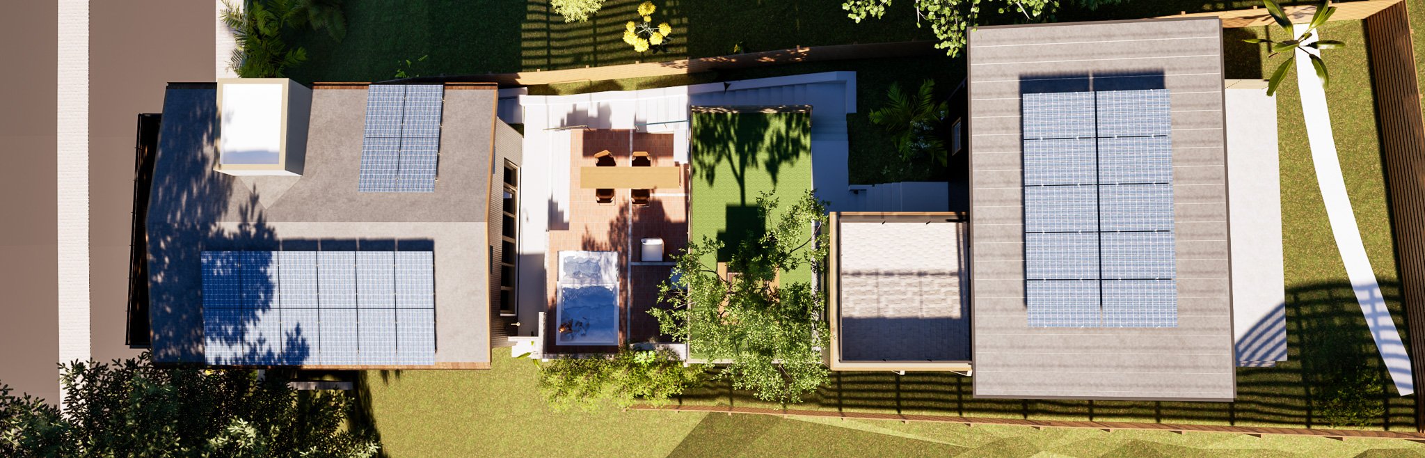 A bird's-eye view of a house with solar panels on rooftops, a backyard with a dining table, trees, lawn, and a patio area.