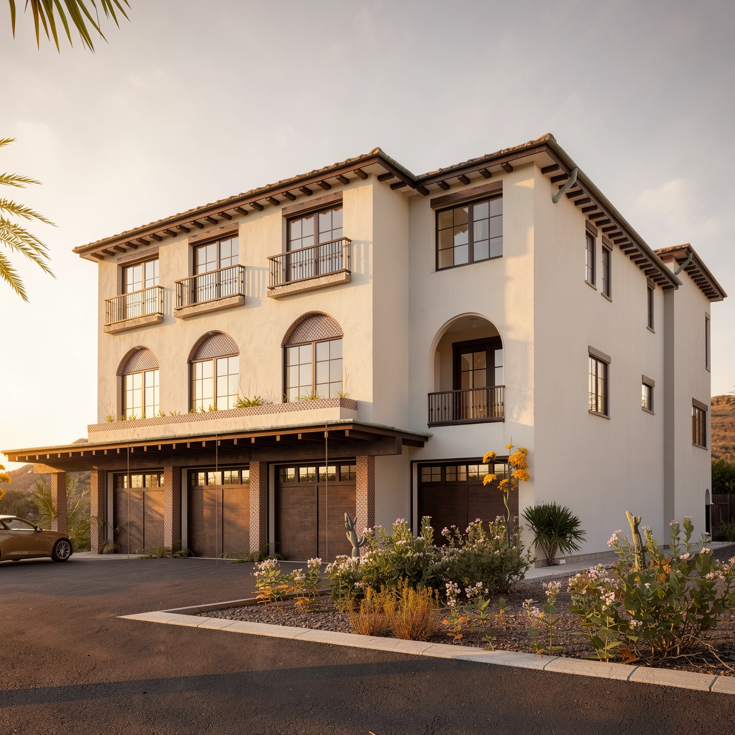 A spanish revival three-story house with a white exterior, large windows, and balconies on the second and third floors. The house has scenic landscaping with flowers and desert plants, and is set against a backdrop of hills during sunset.