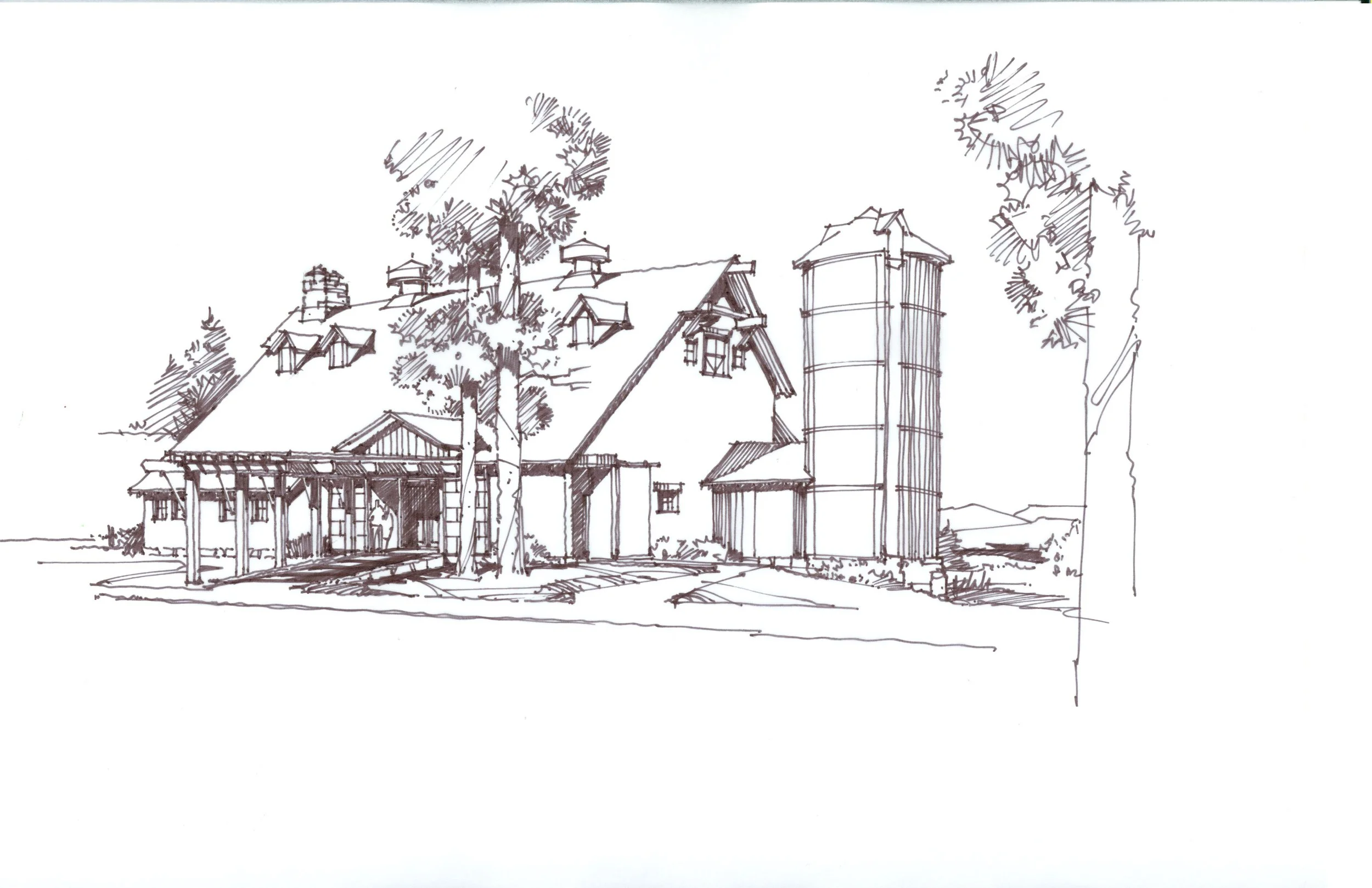 A black and white sketch of a rural farm scene with a large barn, silos, and surrounding trees.