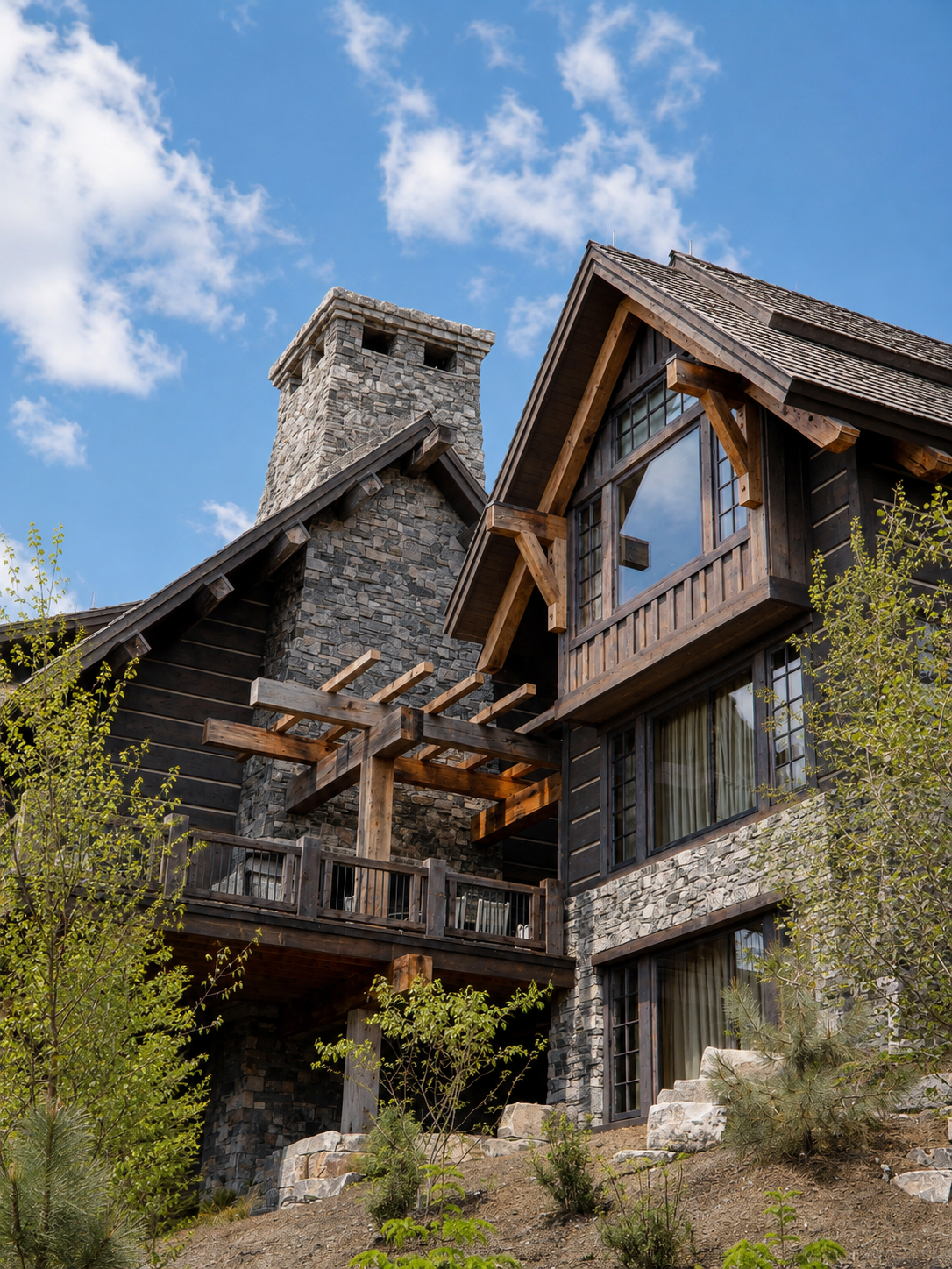 A mountain lodge with stone and wood exterior, multiple large windows, and a stone chimney against a blue sky with clouds.