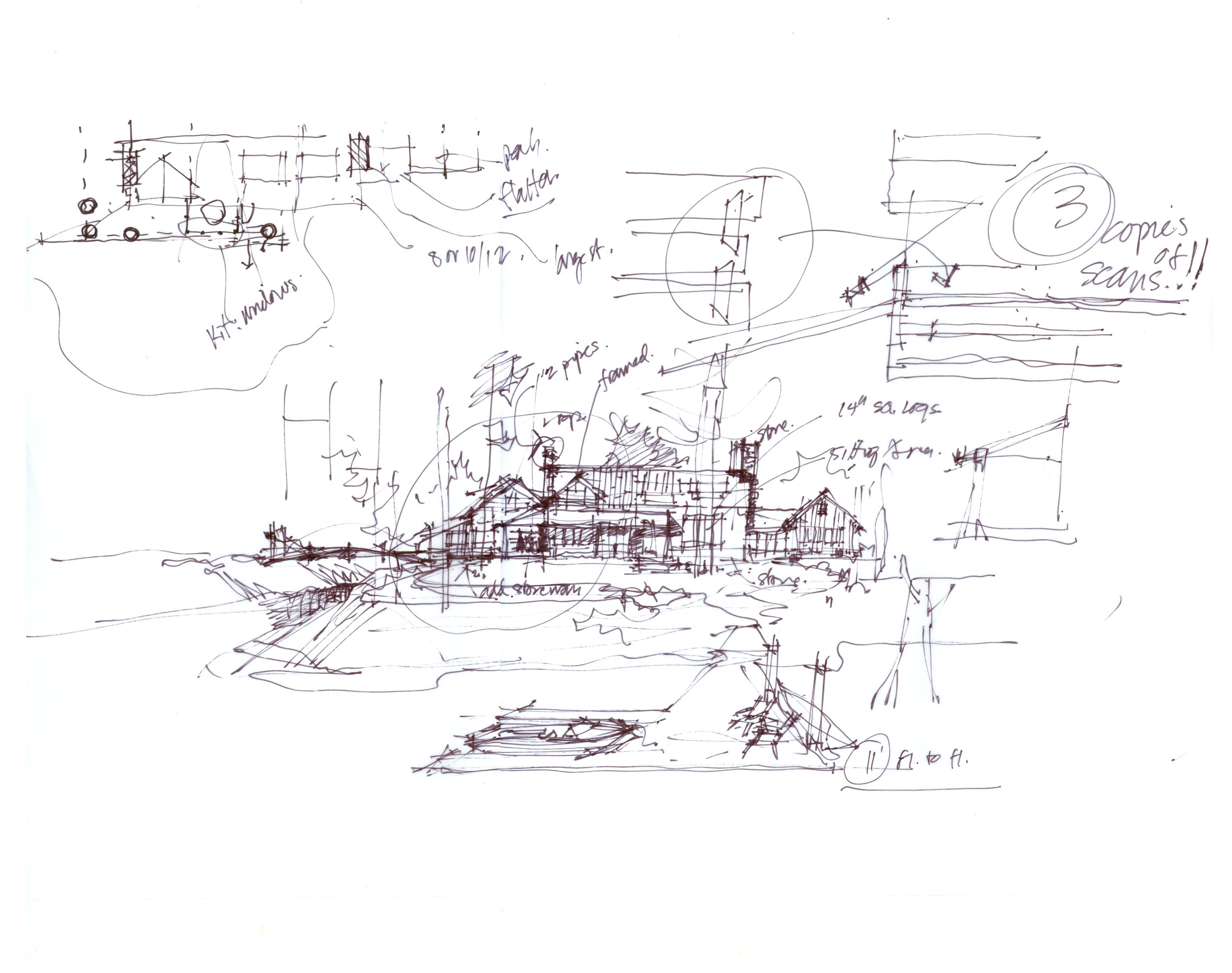Hand-drawn architectural sketch of a house with annotations describing elements of the design, including trees and landscape around it.