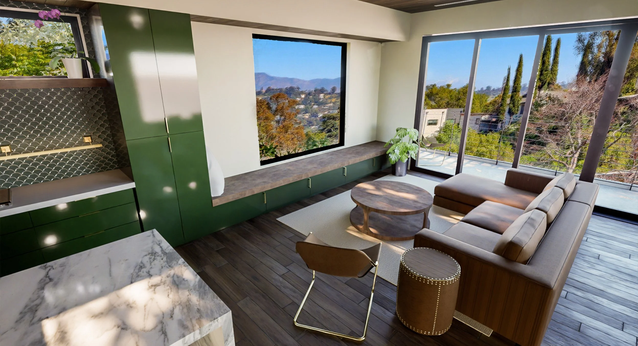 Modern living room with large windows, green cabinetry, a marble countertop, a beige sectional sofa, a round wooden coffee table, a beige chair, a small round leather ottoman, a tall green plant, and view of a balcony with trees and mountains outside