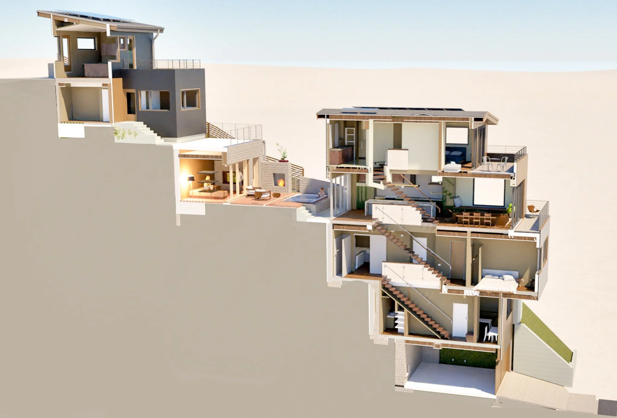 Cross-section view of a multi-story house built into a hillside, showing interior rooms, staircases, furniture, and decor.