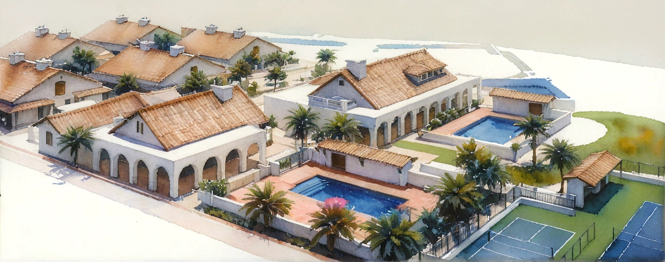 A watercolor aerial view of a residential community with two pools, tennis court, houses with red tile roofs, palm trees, and lush greenery.