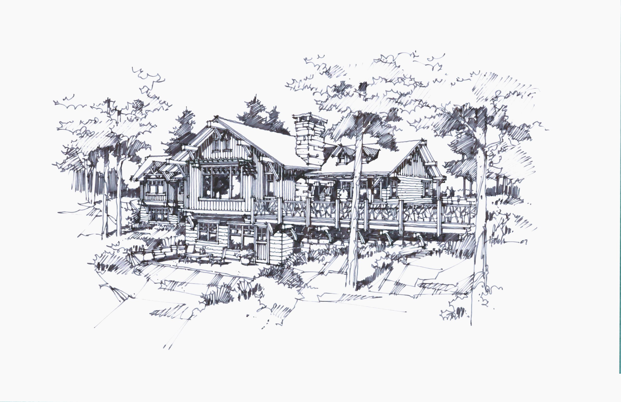 A detailed black and white sketch of a rustic house with a large chimney, surrounded by trees and a deck with outdoor furniture.