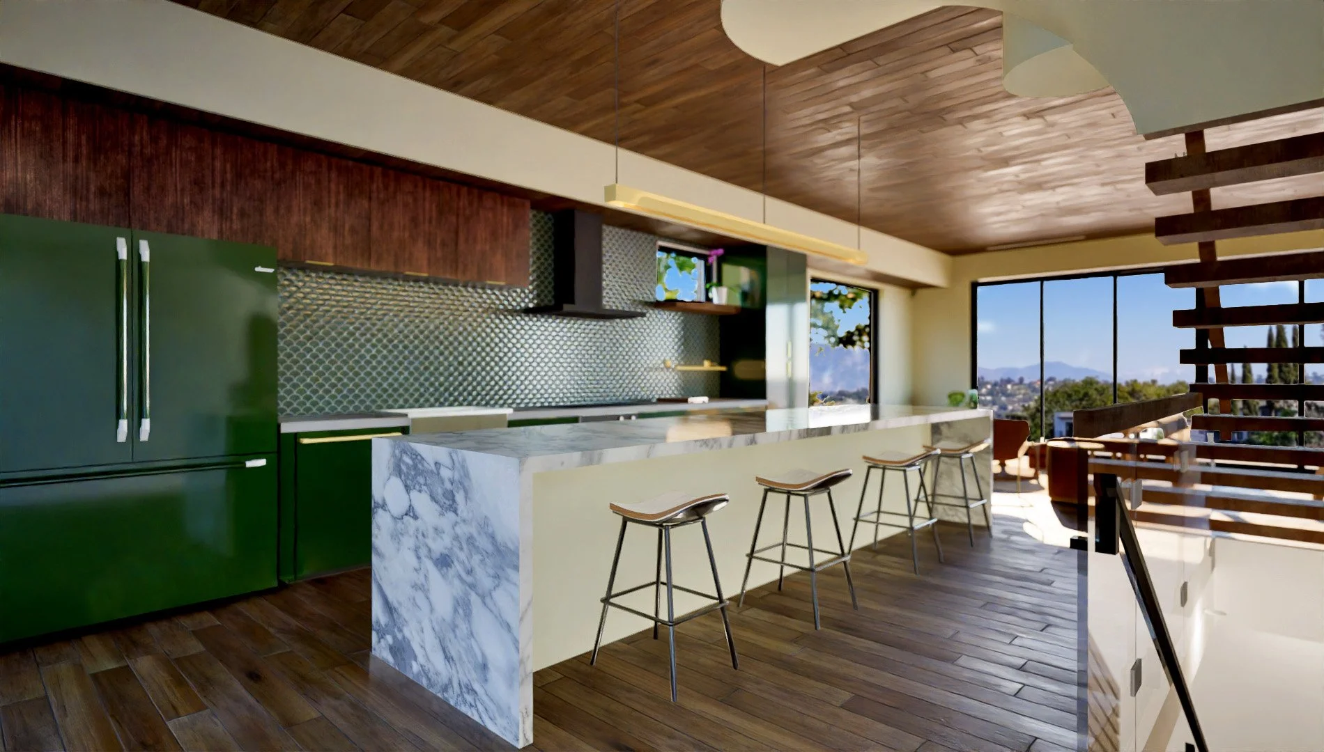 Modern kitchen with green appliances, a marble countertop island, bar stools, wooden floors, and large windows overlooking a scenic view