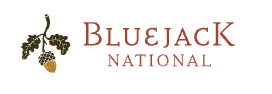 Bluejack National logo with a black and yellow golf club and three berries