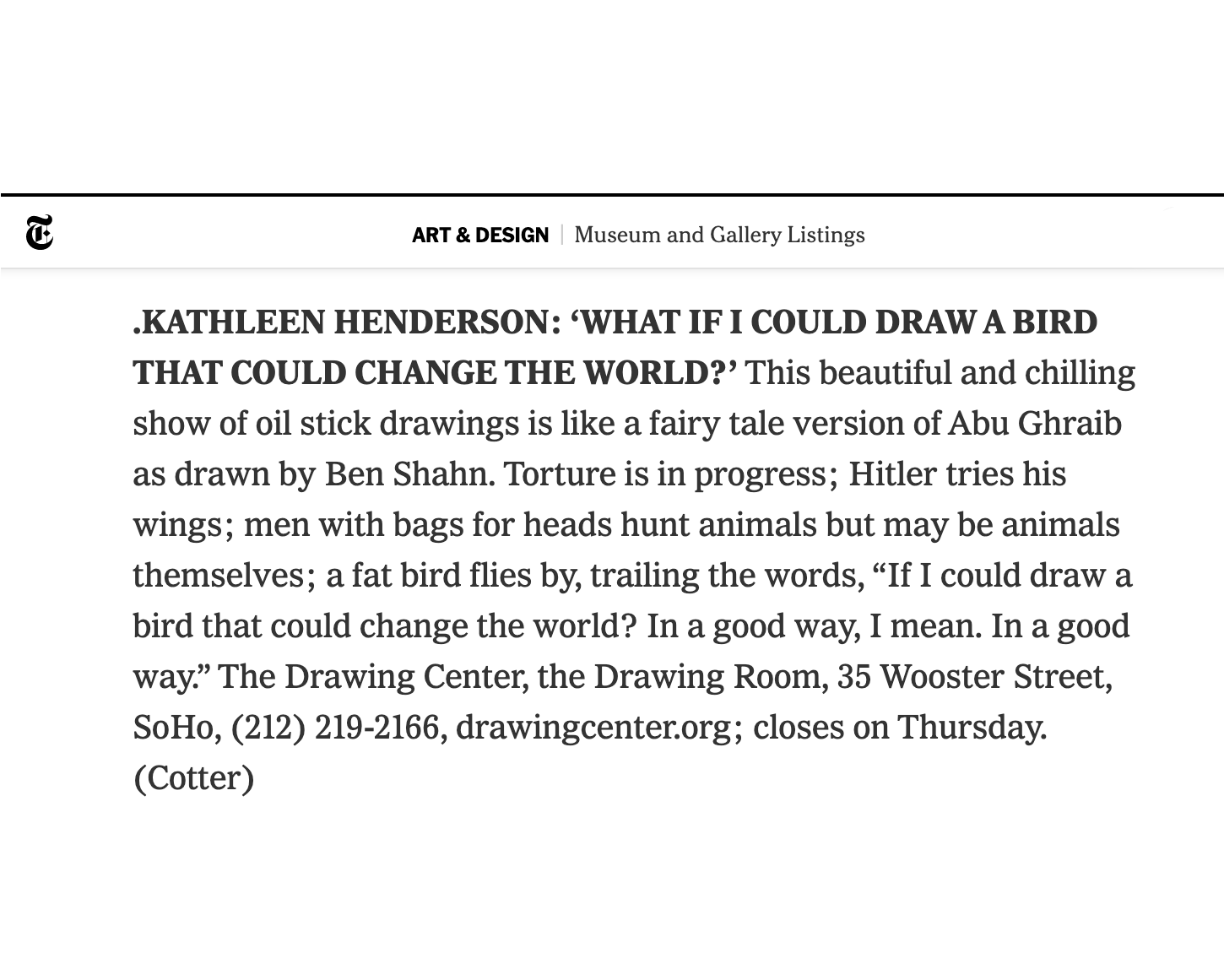 NY Times, The listings, Aug. 14th, 2009, H. Cotter