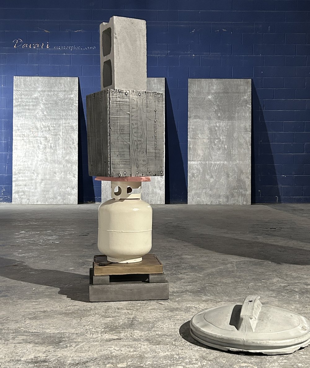 2. Zeke Moores, Stack, 2023, aluminum & bronze plus Construction Grade, 2008 (behind) and Lid, 2023.JPG