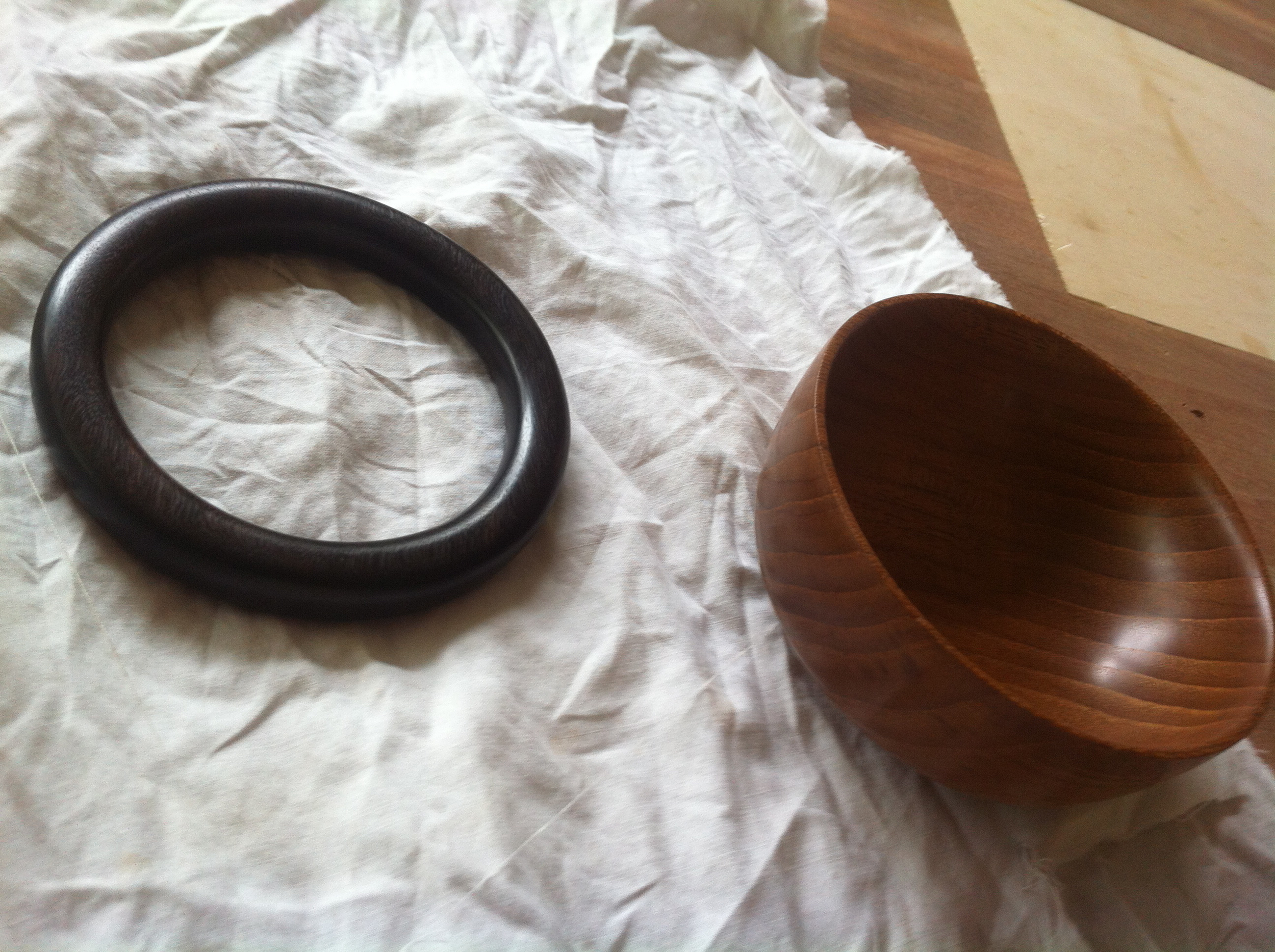 Turned teak bowl and ancient redgum bangle 