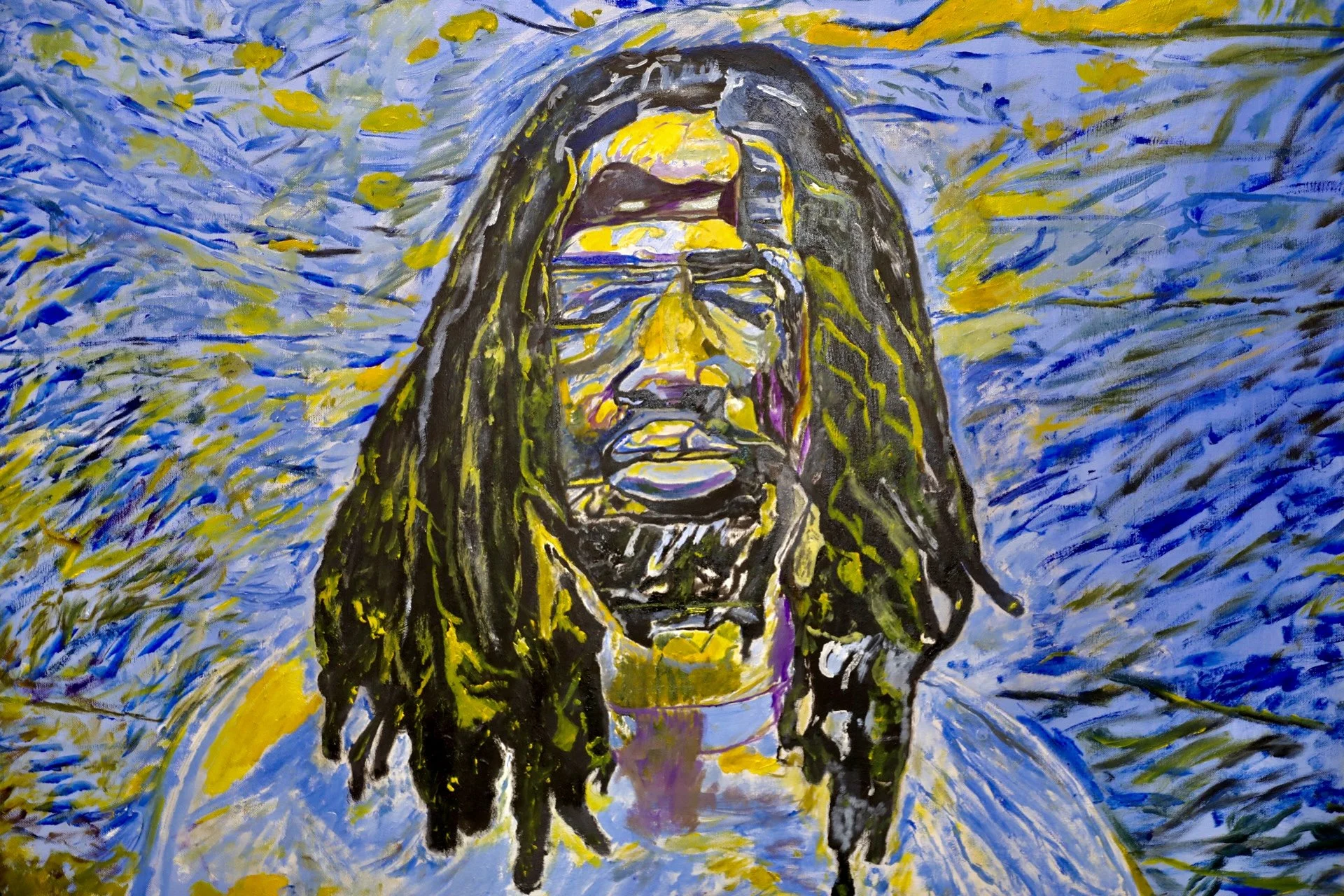 Painted portrait of a man with long dreadlocks, glasses, and a beard against an abstract background with swirling blue and yellow strokes.