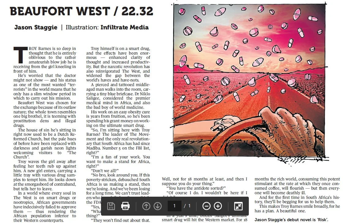 To mark the 2oth anniversary of South Africa's democracy the Sunday Times Lifestyle magazine published “FFWD >> 2034 The Future Fiction Edition”, featuring short stories by 40 top local authors set in South Africa on 27 April 2034 – 20 years a…