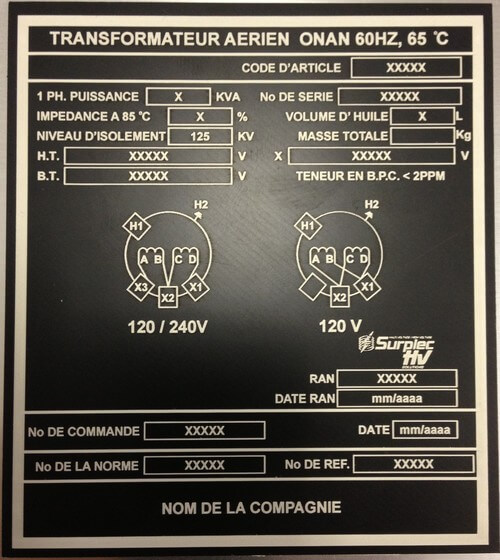 Plaque d'identification pour transformateur