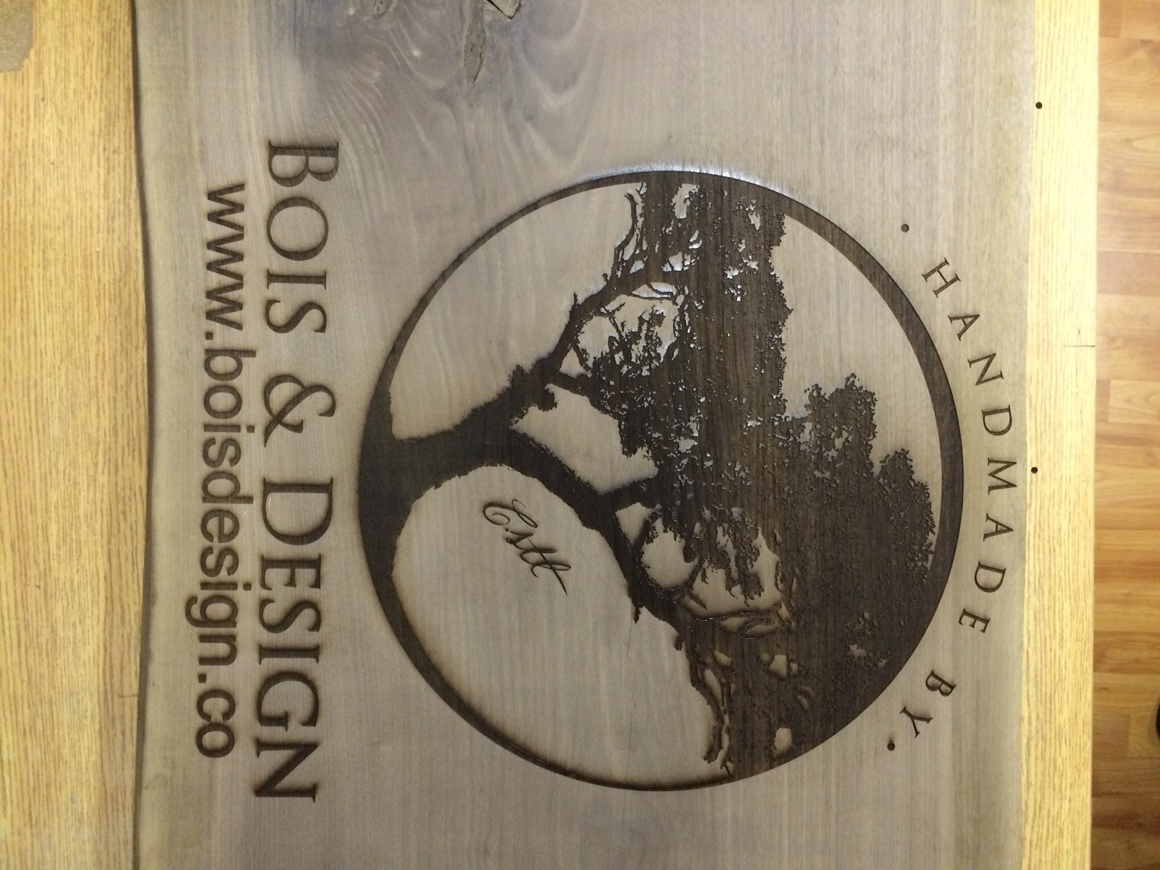 Huge wood plank laser engraved with logo