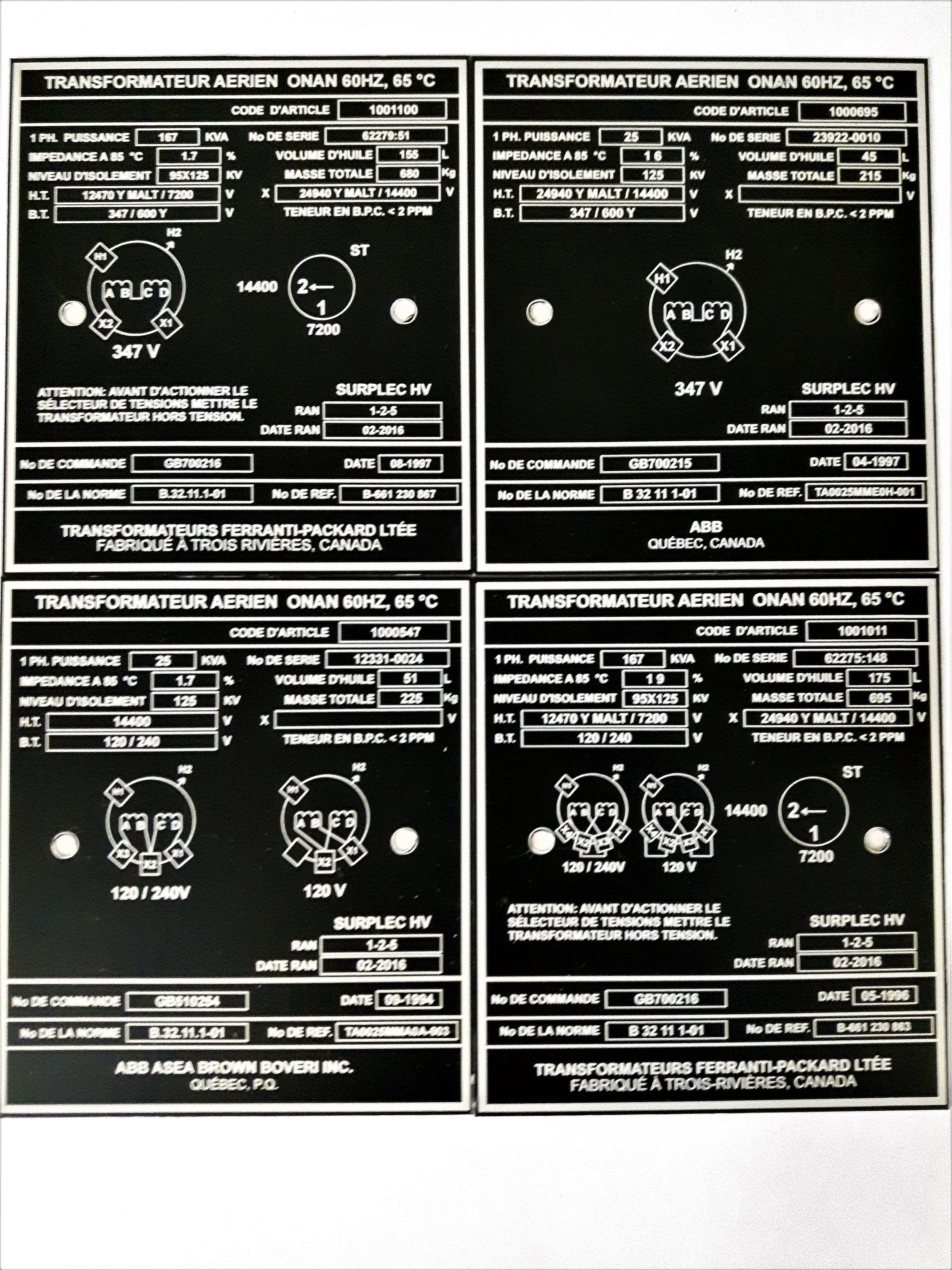 Plaque gravée au laser pour transformateurs électrique aériens.