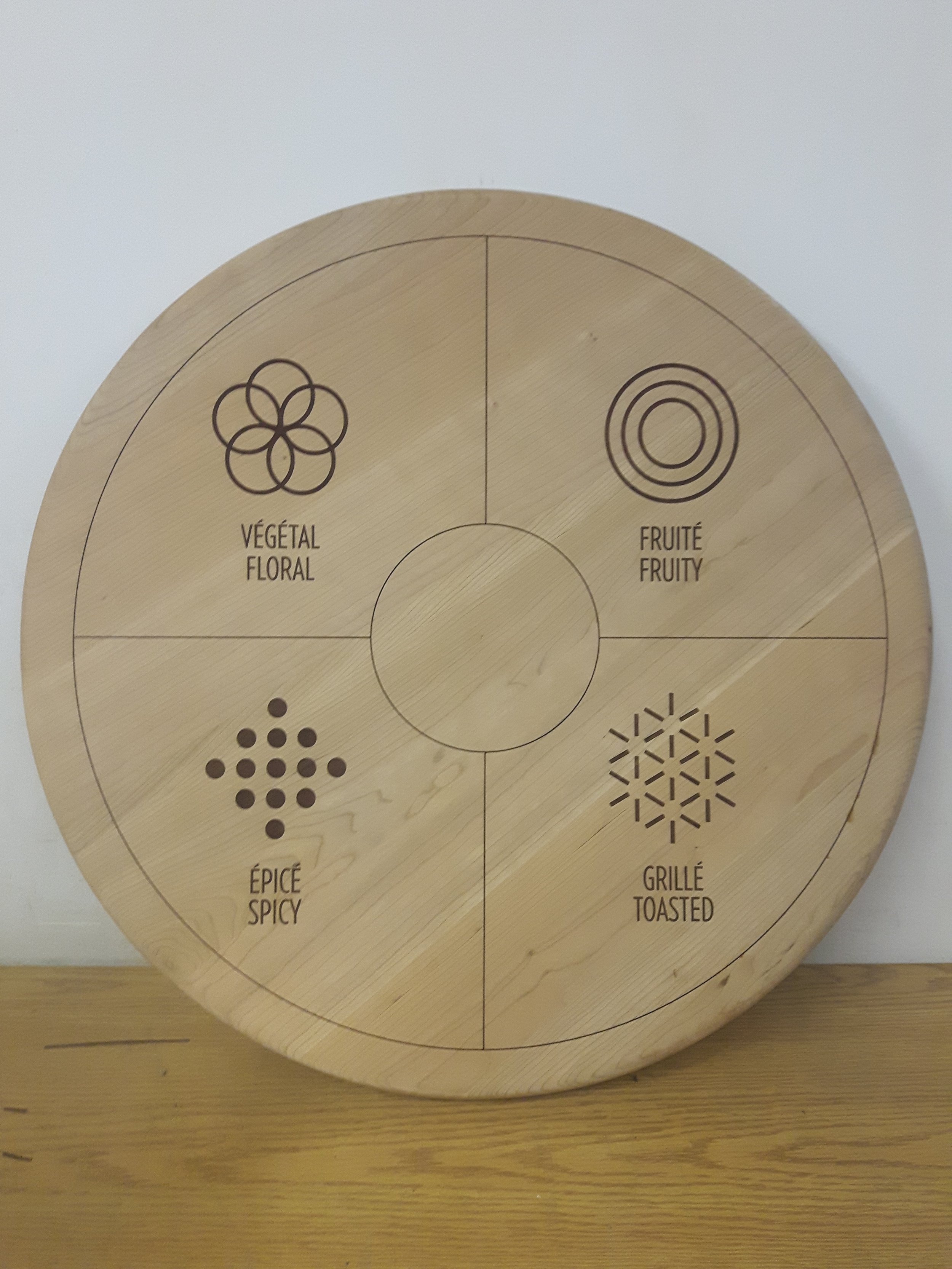 Plateau de dégustation en bois circulaire avec sections marquées pour différentes saveurs, réalisé par Systana Gravure Laser